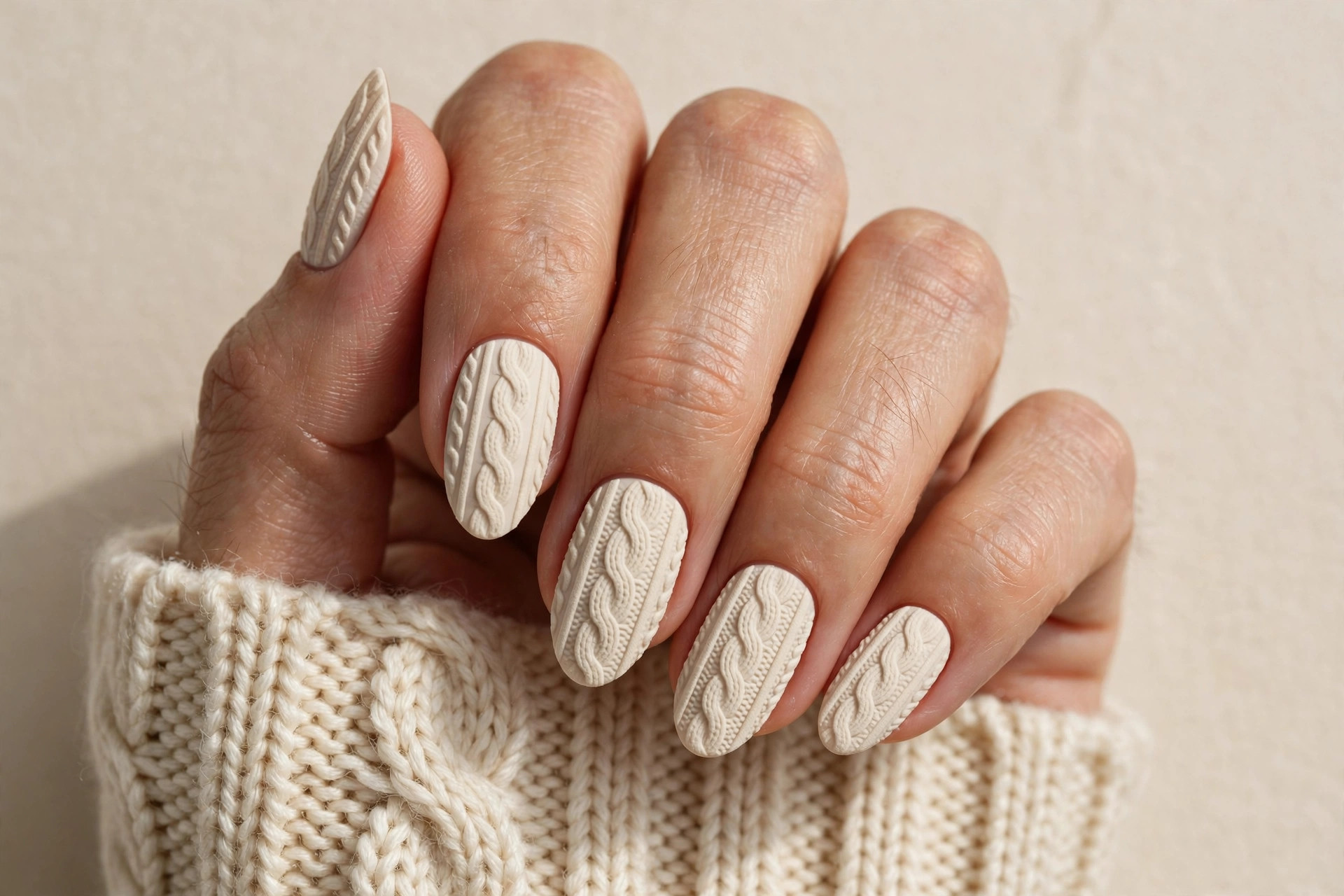 Cozy sweater knit cable texture nail art in cream beige
