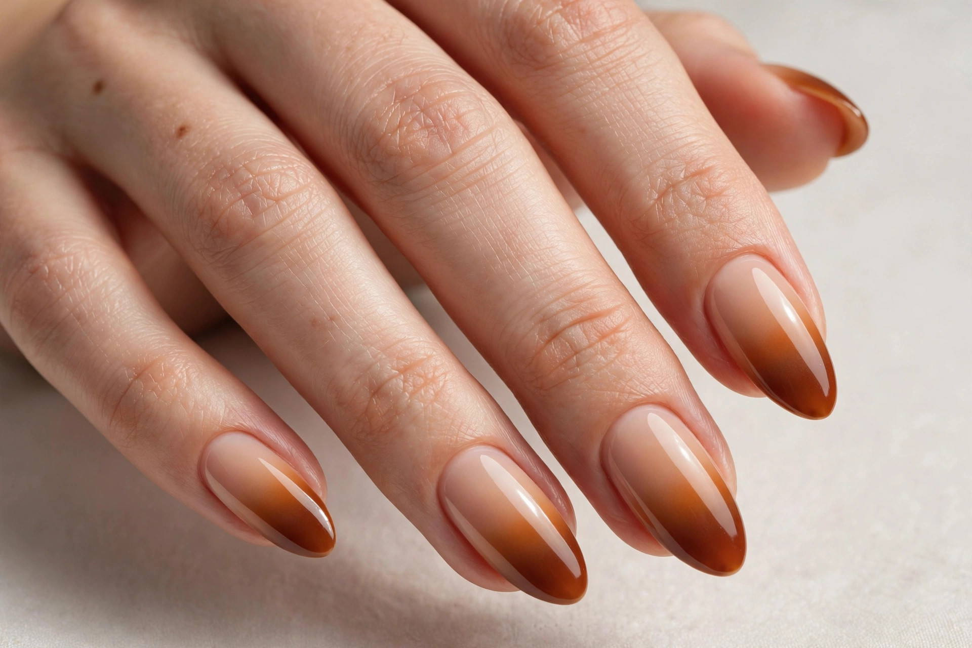 Caramel ombre gradient fall nails fading from nude to amber brown