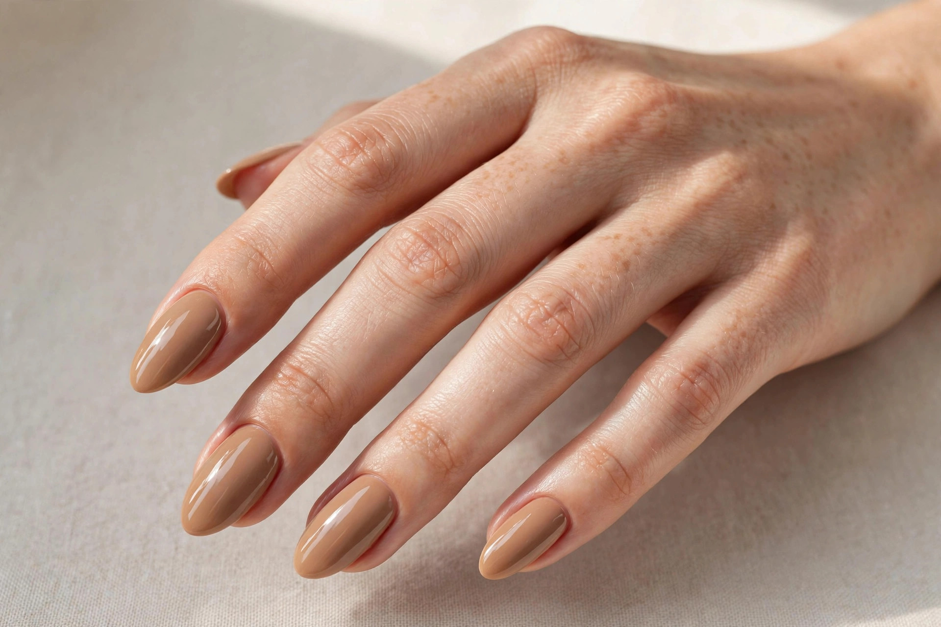 Warm milky chai latte brown fall nails on almond shaped nails