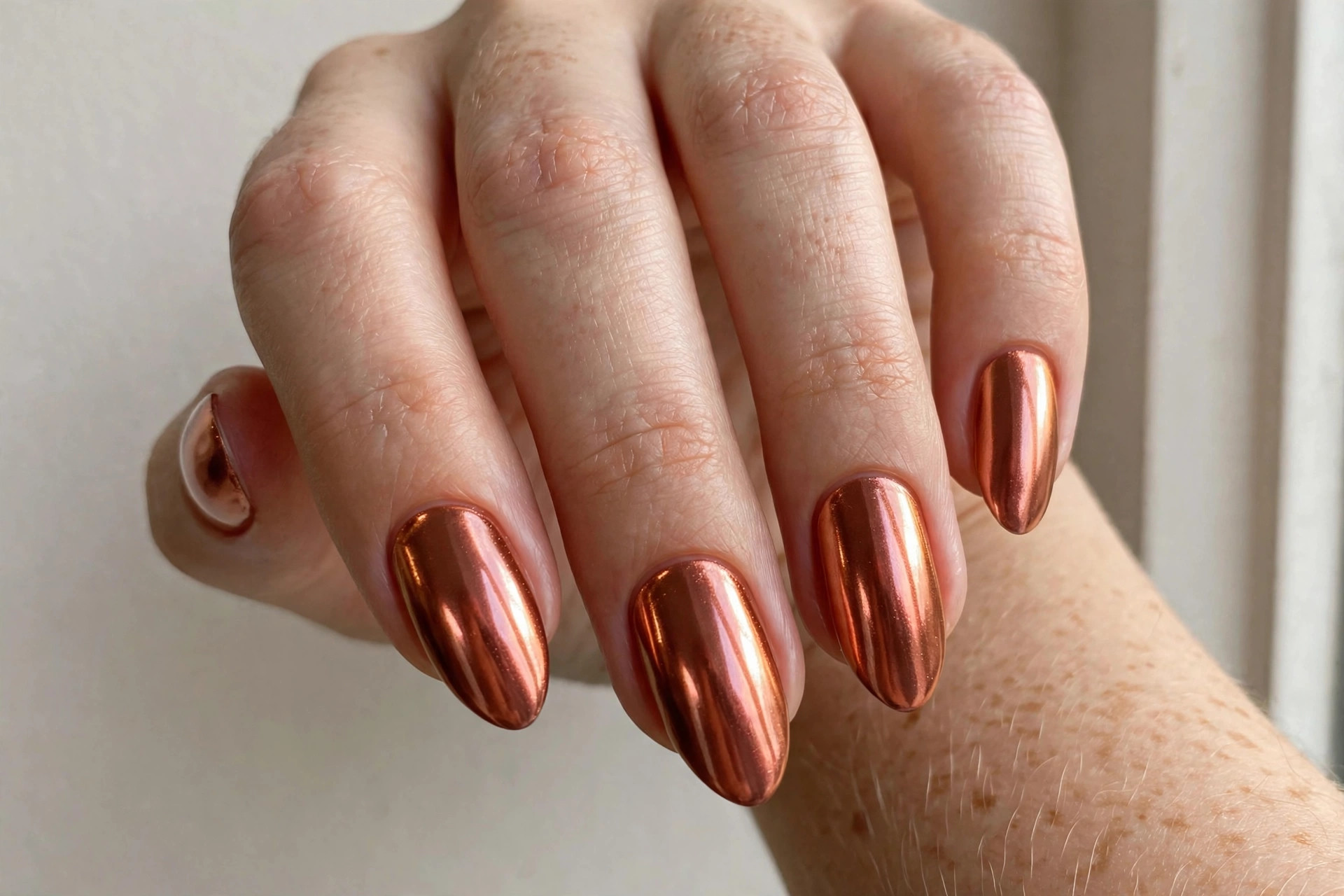 Shimmering copper chrome metallic fall nails