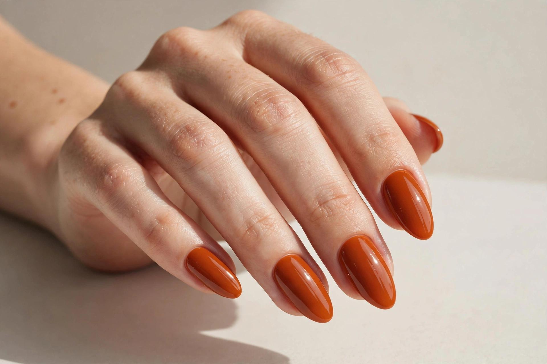 Glossy burnt orange solid manicure on almond nails