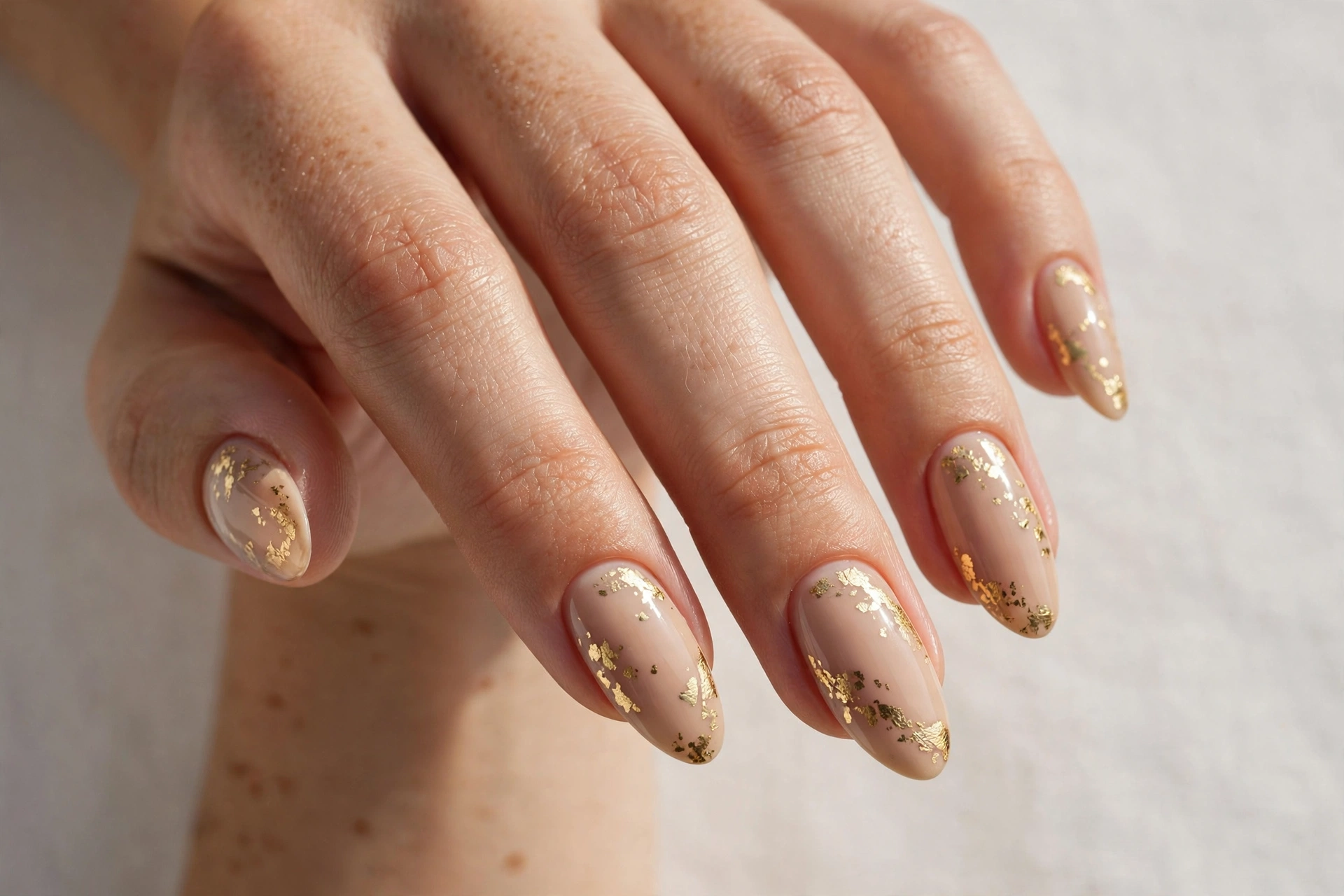 Nude manicure with delicate gold foil accents