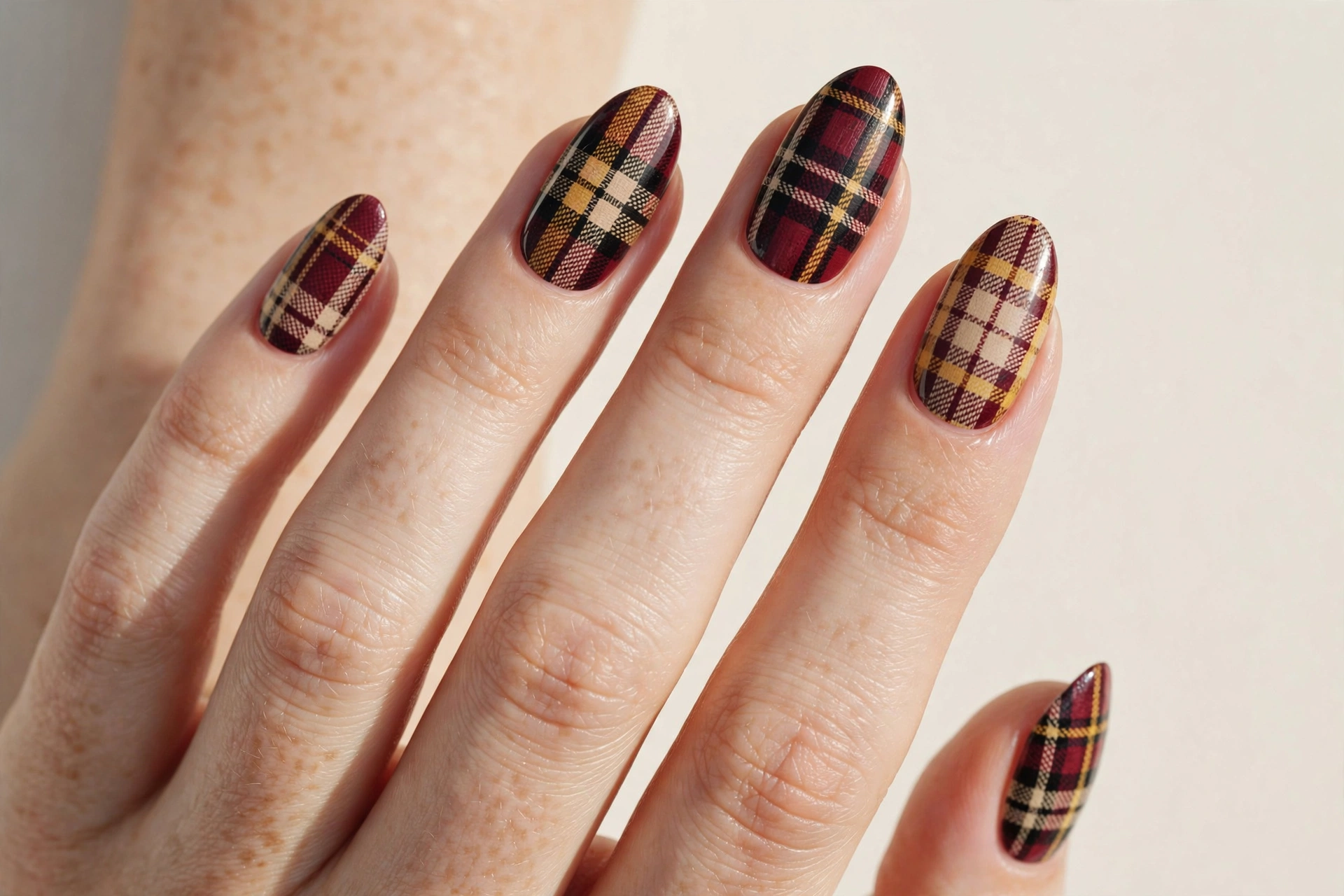Flannel plaid nail art in burgundy, beige and mustard