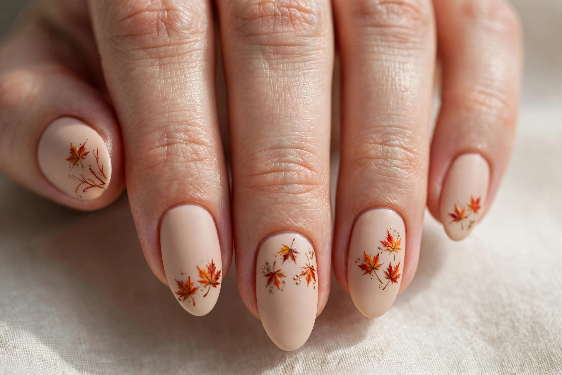 Hand-painted maple leaf nail art on nude base