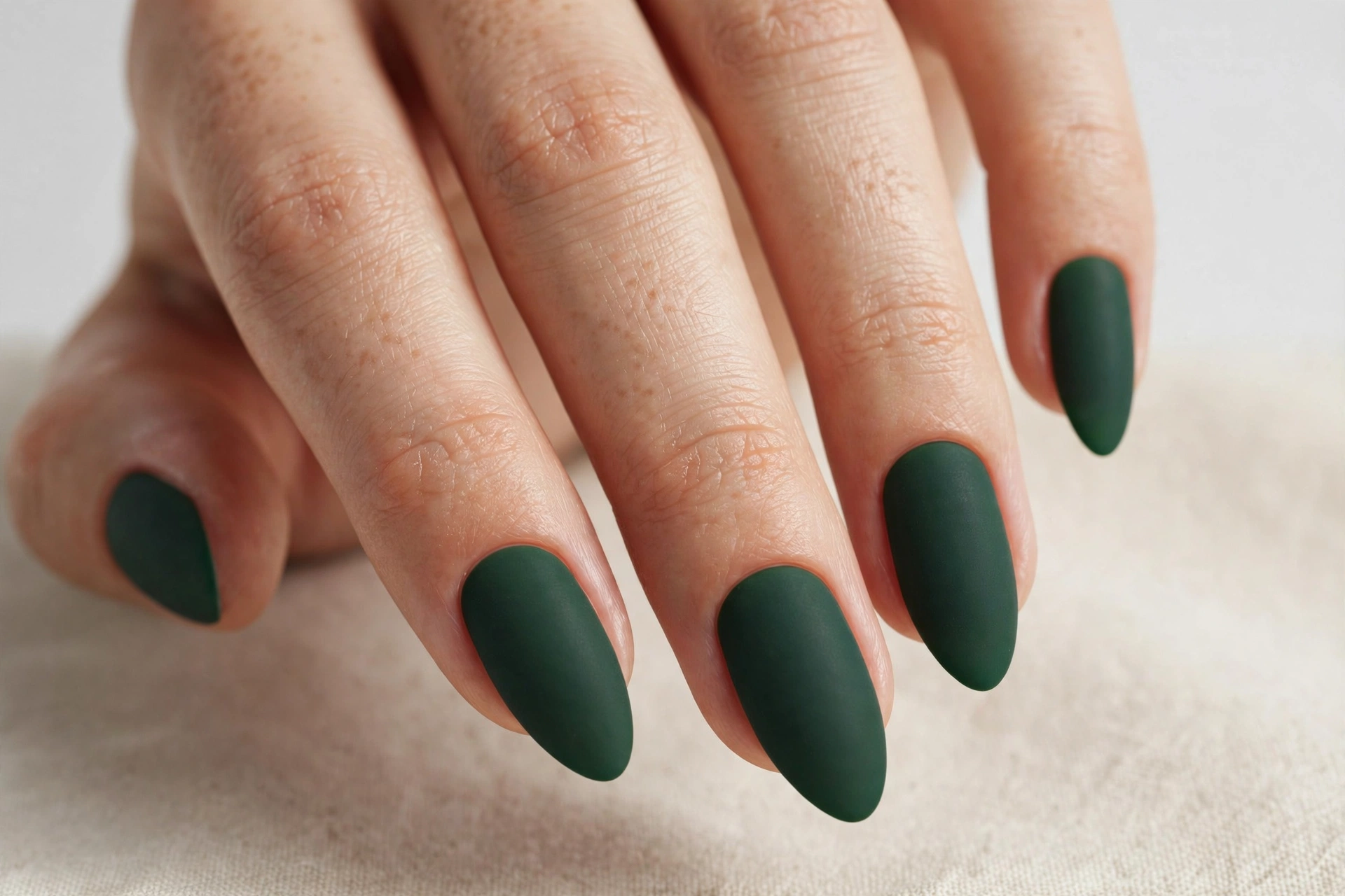 Matte forest green manicure on almond nails