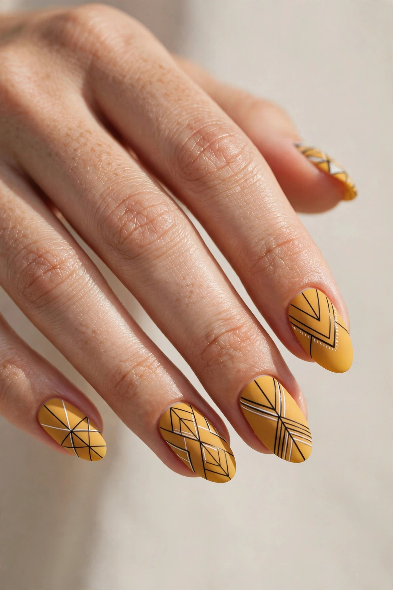 Mustard yellow geometric line nail art