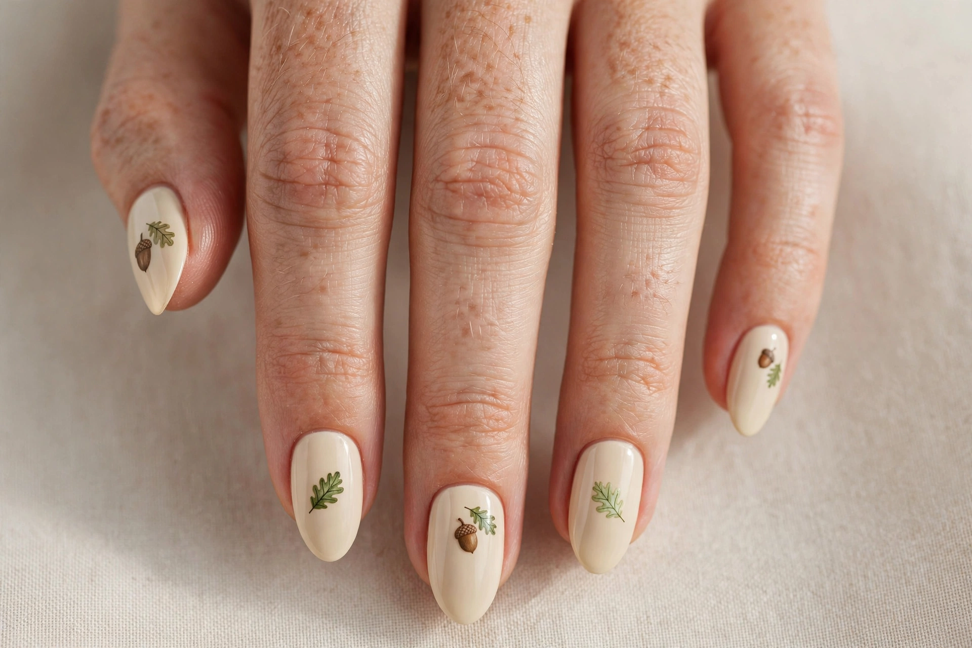 Cream nails with tiny acorn and oak leaf art