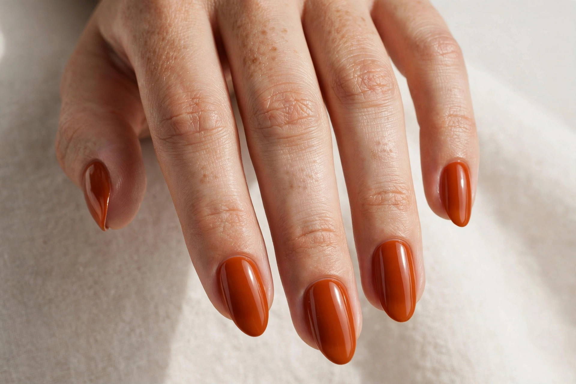 Burnt orange solid acrylic nail manicure in almond shape