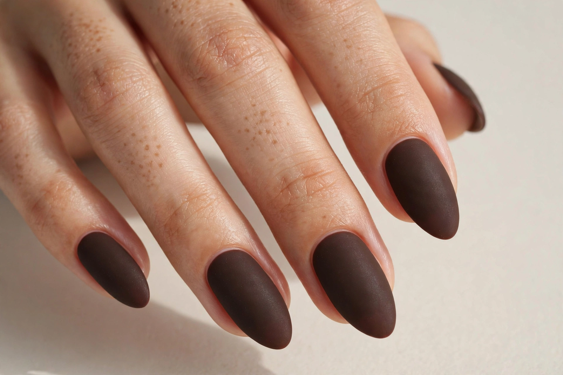 Matte espresso brown acrylic manicure in almond shape