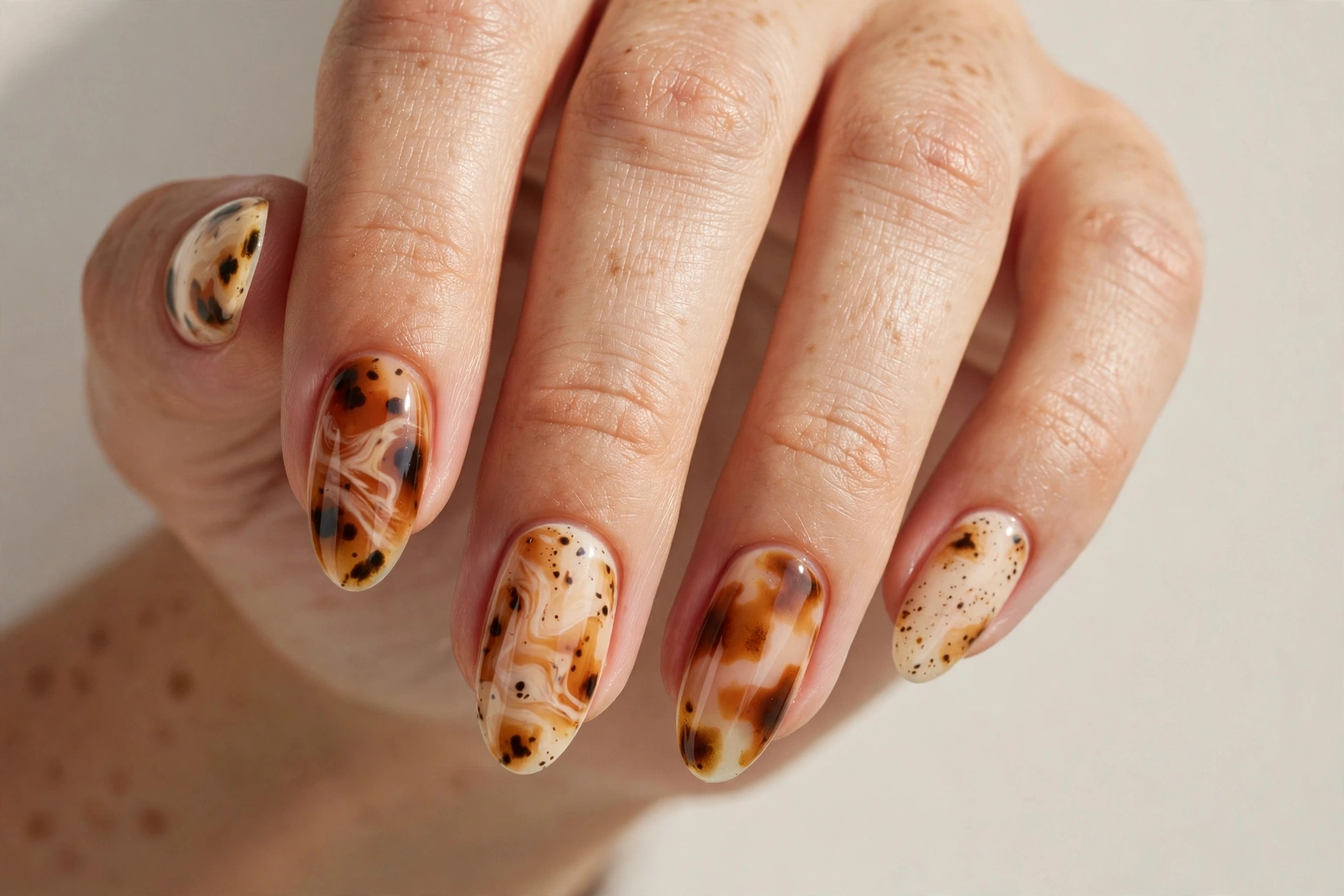 Caramel and cream tortoiseshell acrylic nail design