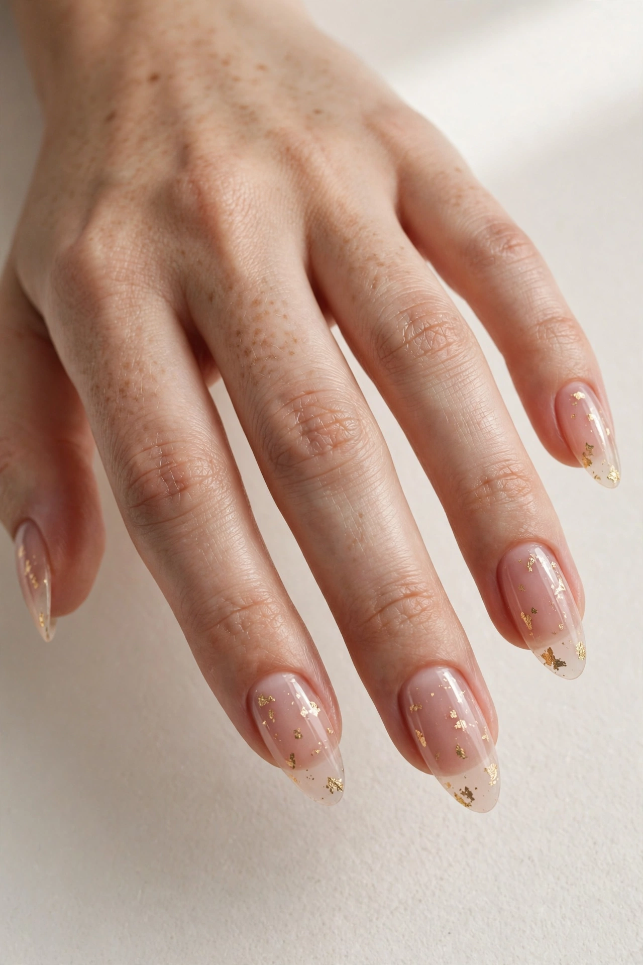 Sheer nude acrylic nails with delicate gold leaf flecks