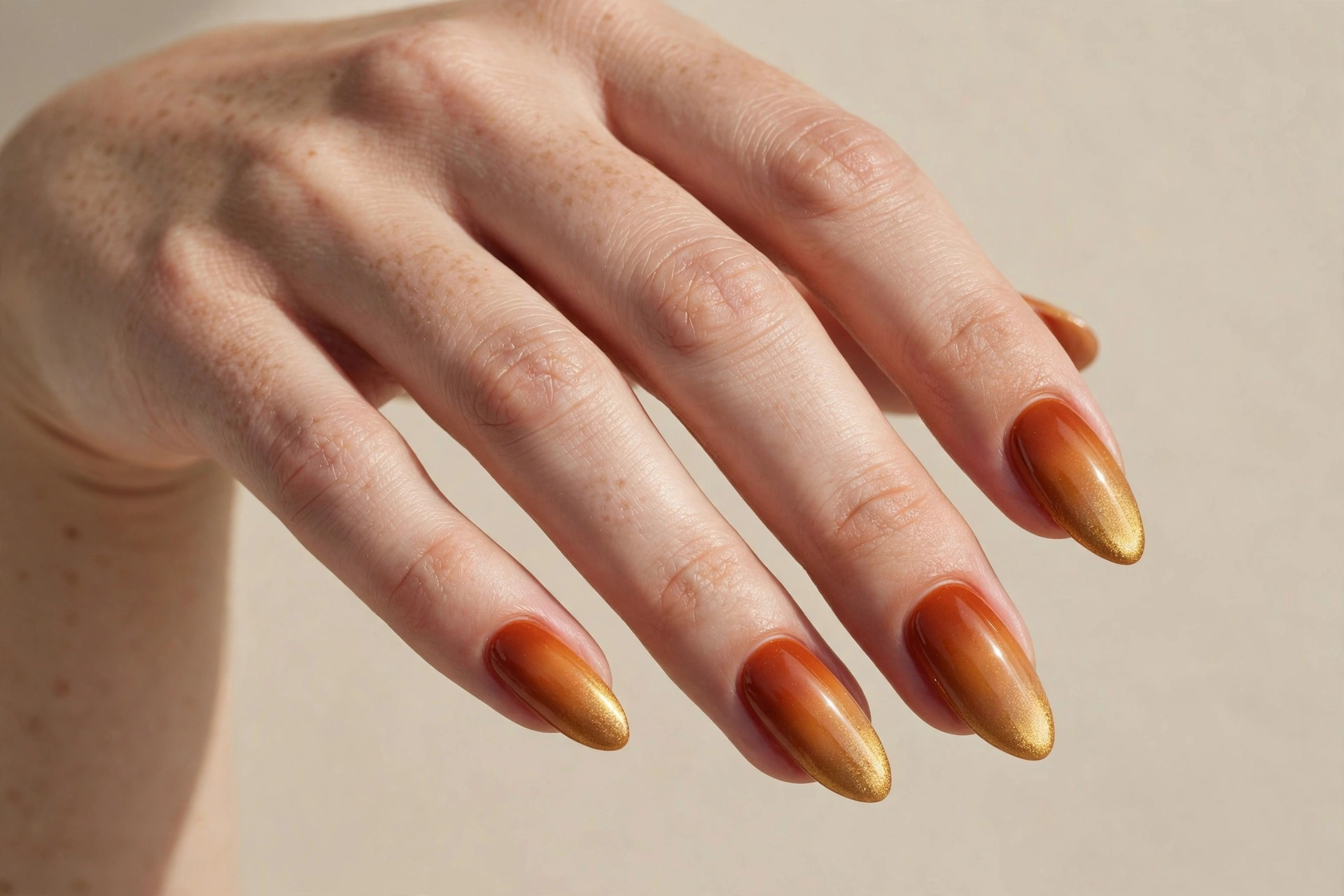 Pumpkin spice ombre acrylic nails fading from burnt orange to gold