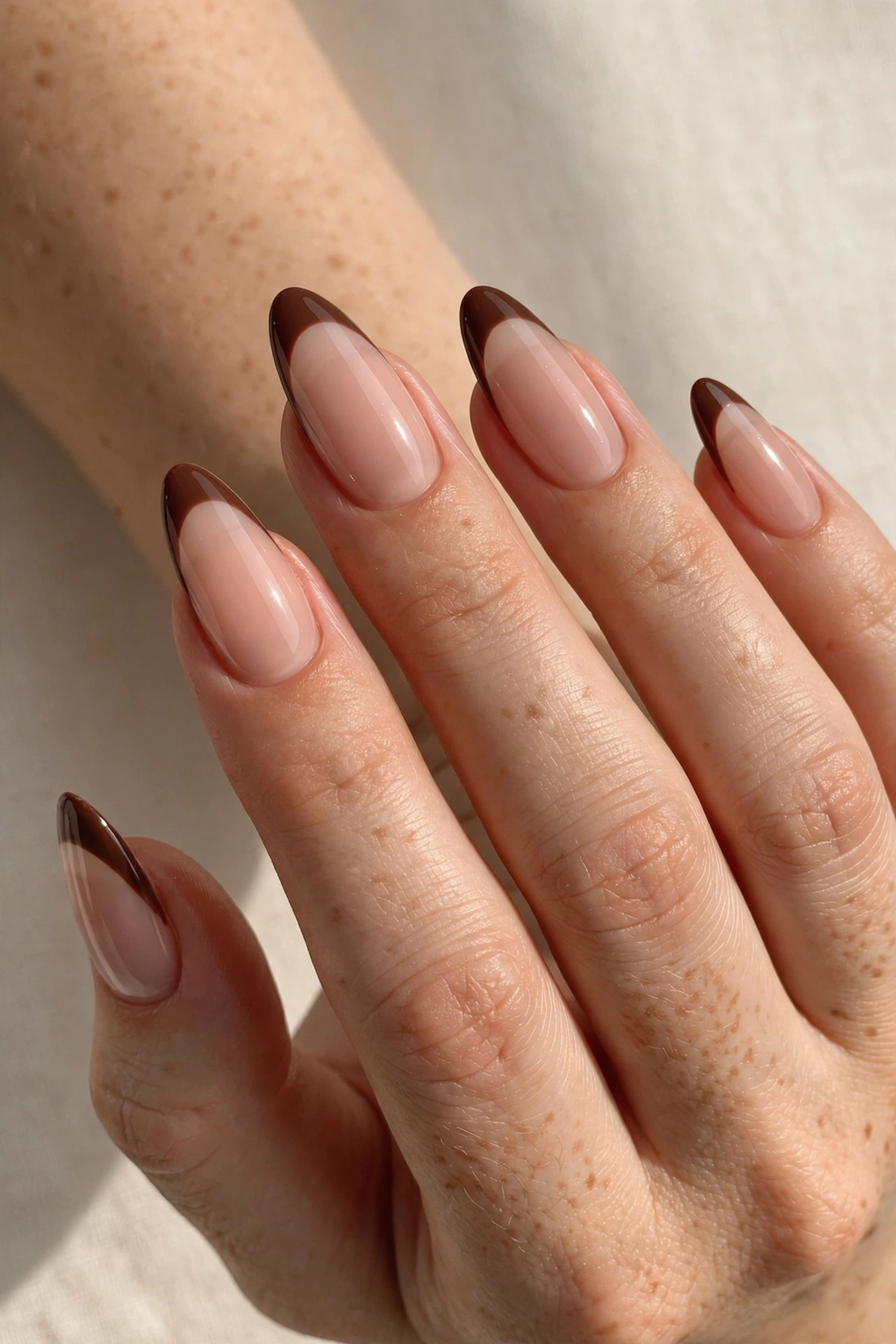 Chocolate brown french tip acrylic nails on nude base