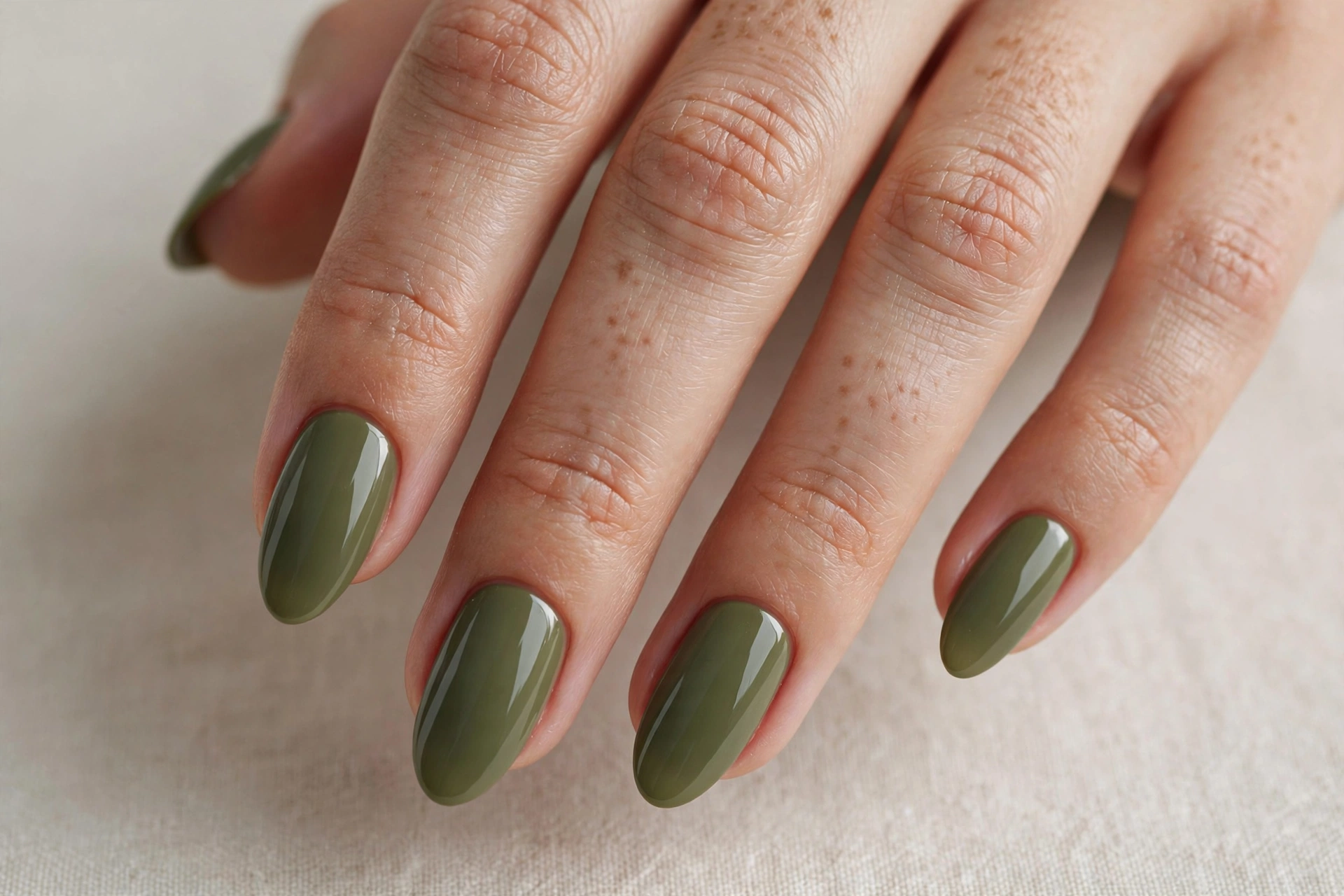 Olive green solid acrylic nail manicure in almond shape