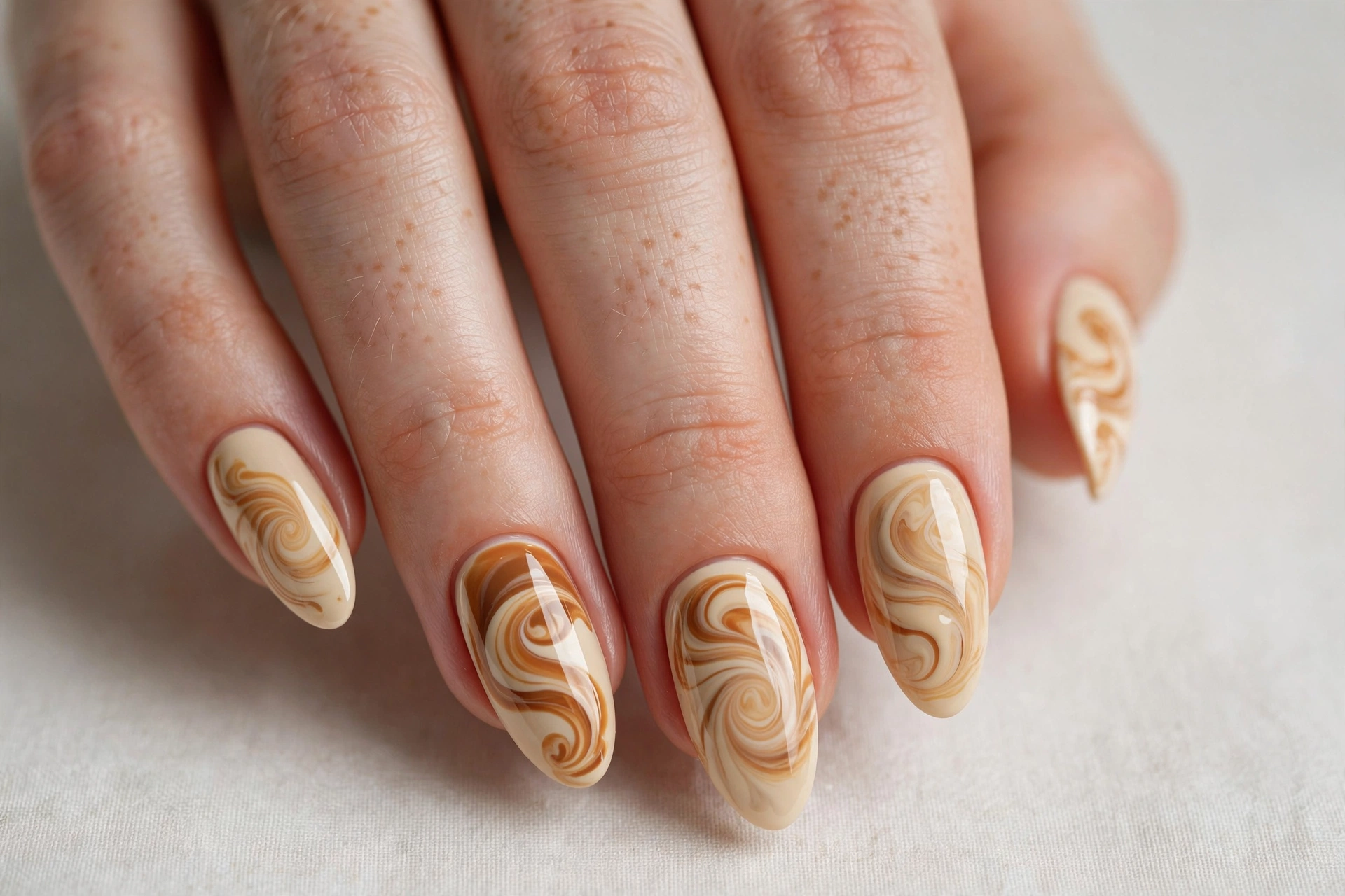 Caramel latte swirl nail art on creamy beige acrylic nails