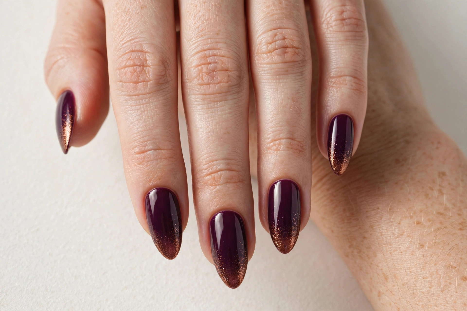 Deep plum acrylic nails with copper glitter gradient fade