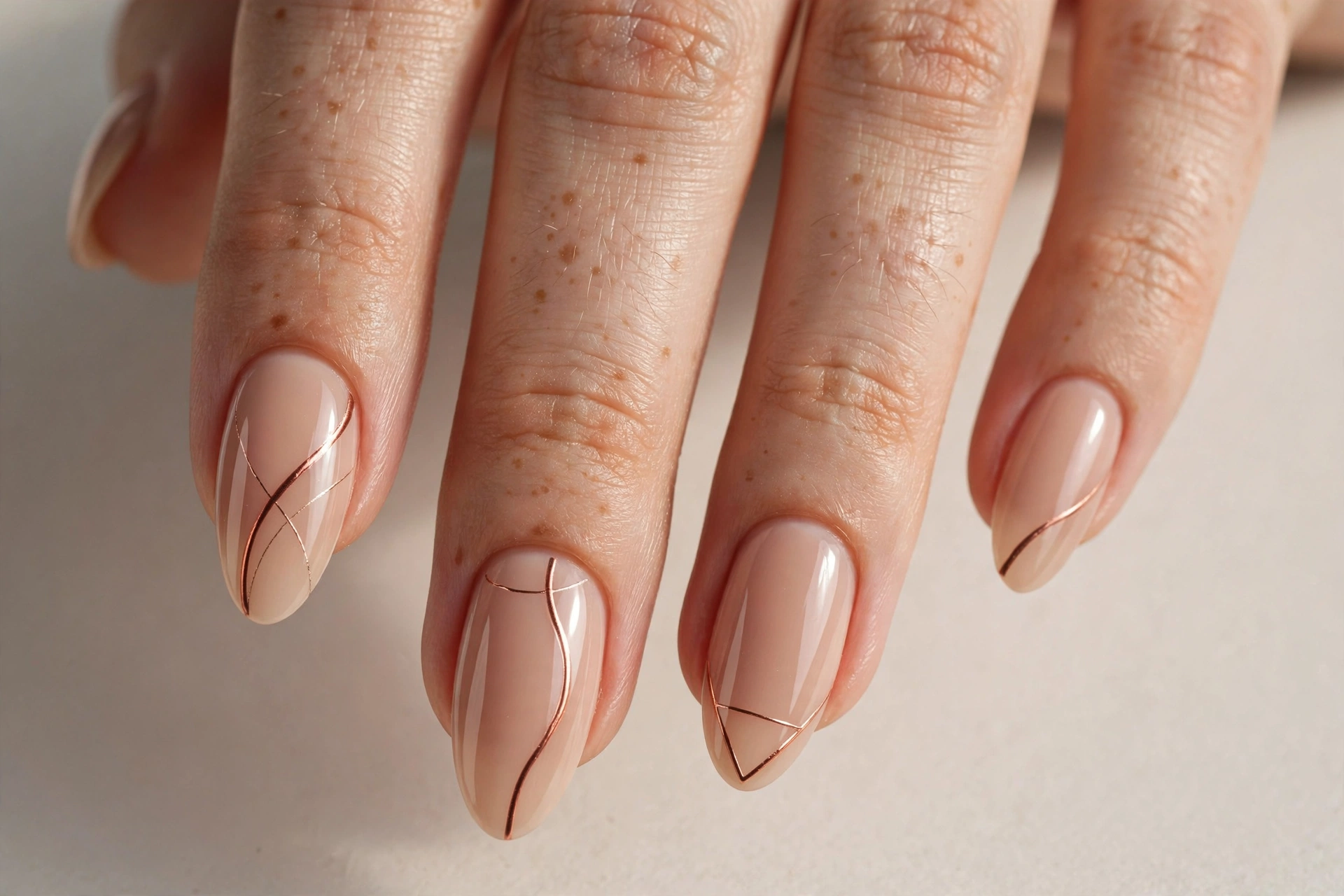 Nude acrylic nails with thin copper chrome line art