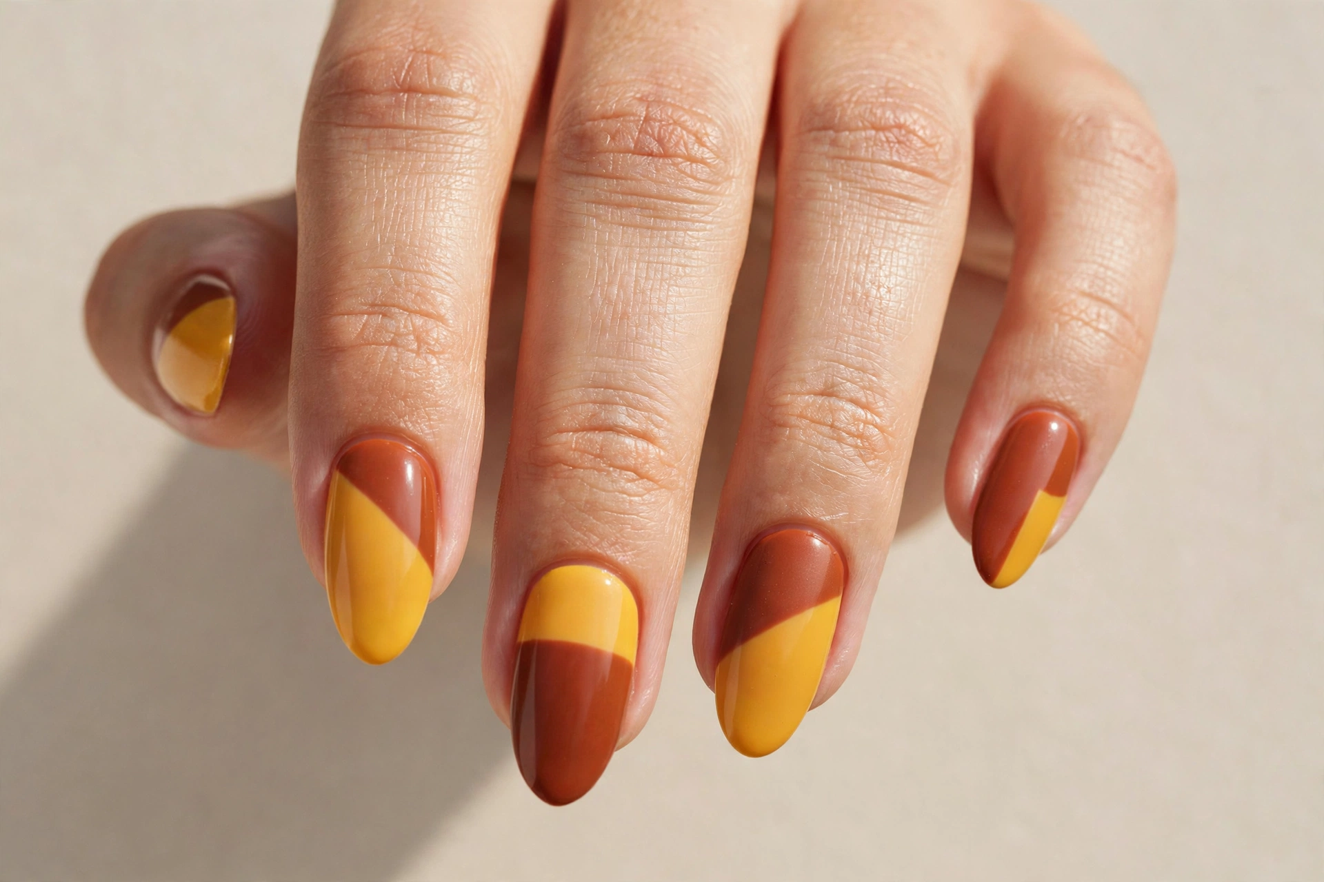 Mustard yellow and burnt sienna color block acrylic nails