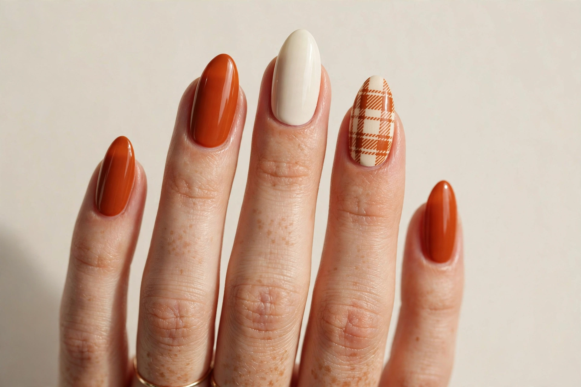 Burnt orange and cream flannel plaid pattern accent acrylic nails