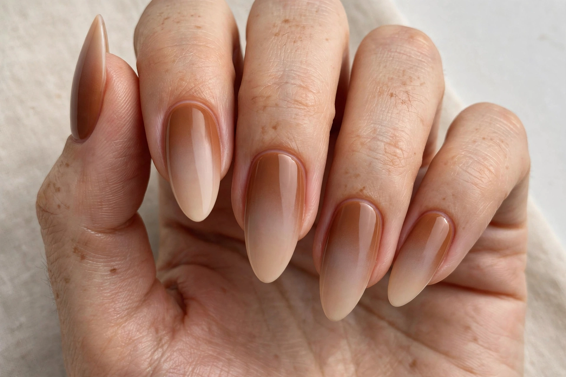 Toffee brown to nude ombre acrylic manicure