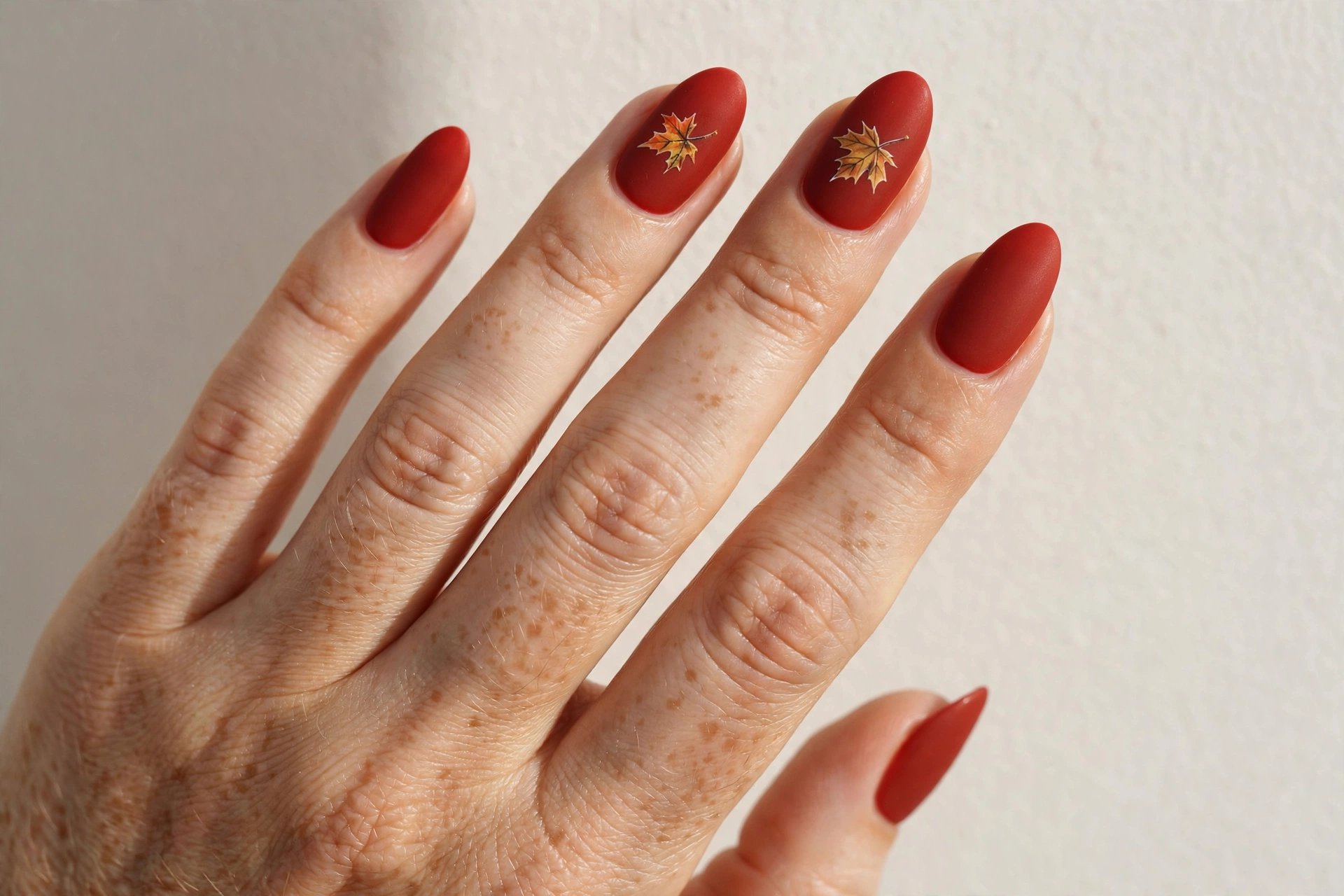 Rustic red acrylic nails with hand-painted maple leaf nail art