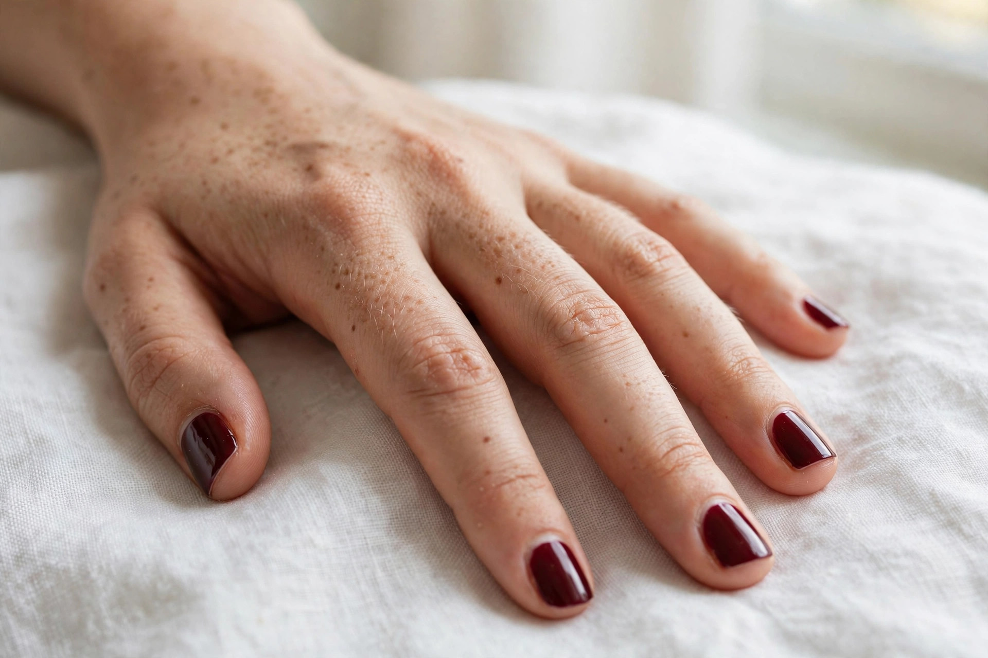Classic glossy burgundy manicure on short square nails, hand resting on white linen