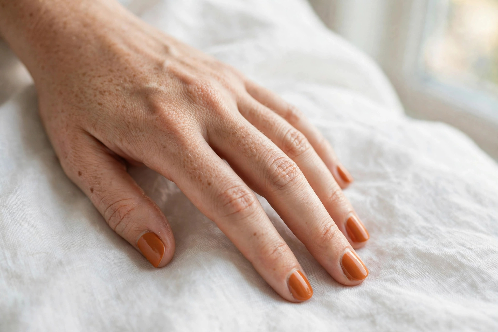 Pumpkin spice orange manicure on short oval nails, fingertips touching white linen