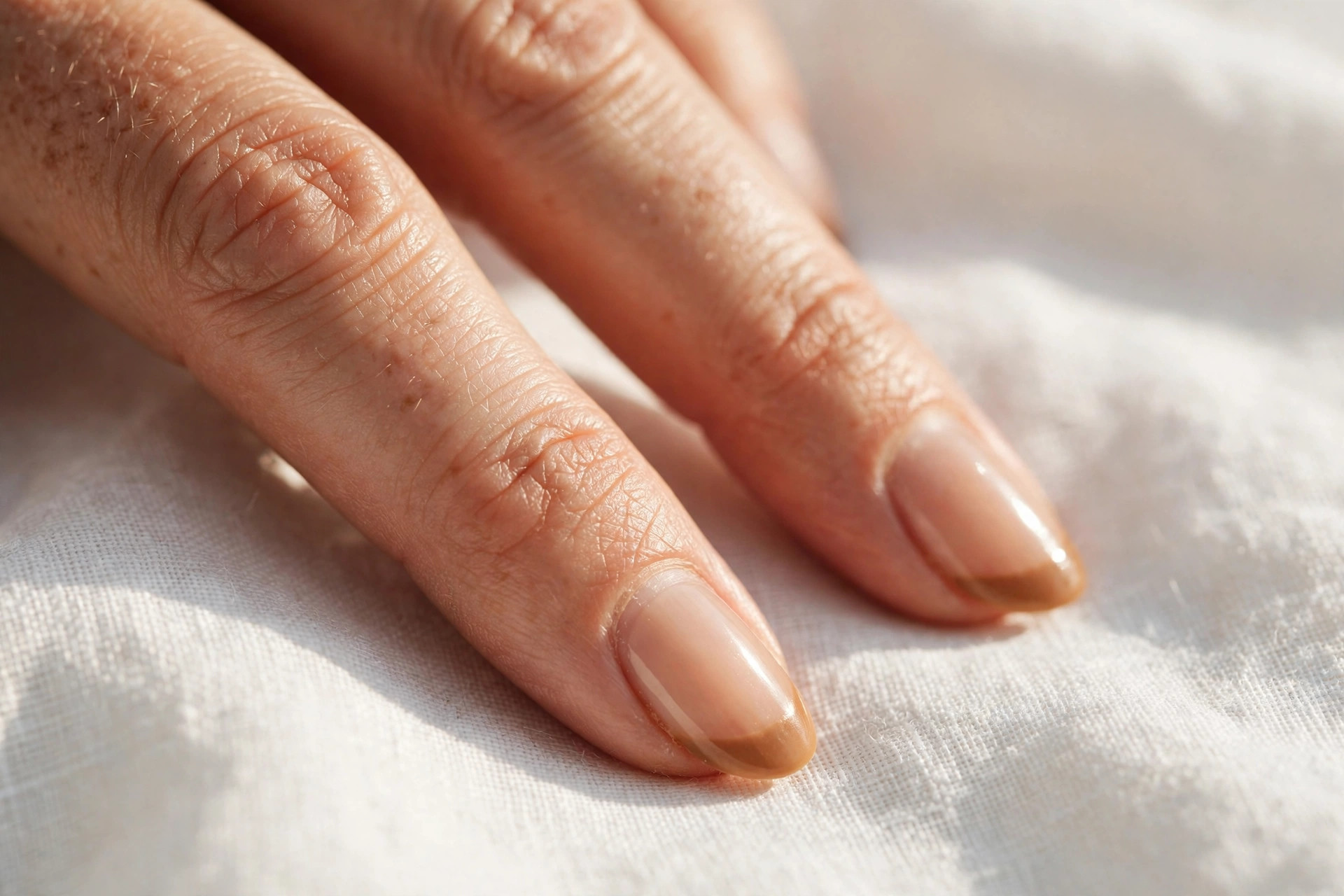 Caramel French manicure with warm brown tips on short almond nails, close-up of two fingers