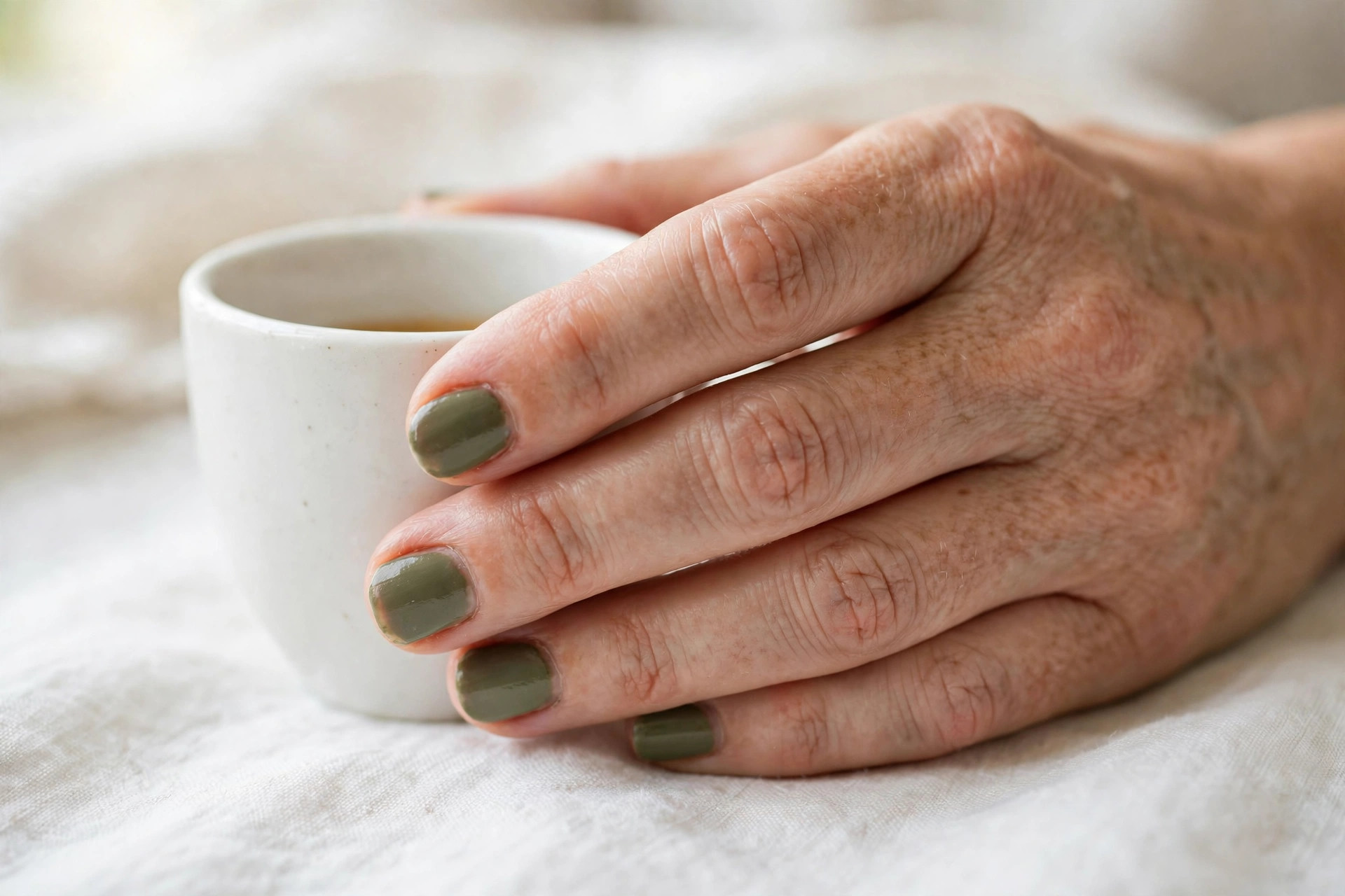 Muted olive green manicure on short round nails, hand holding a small white coffee cup