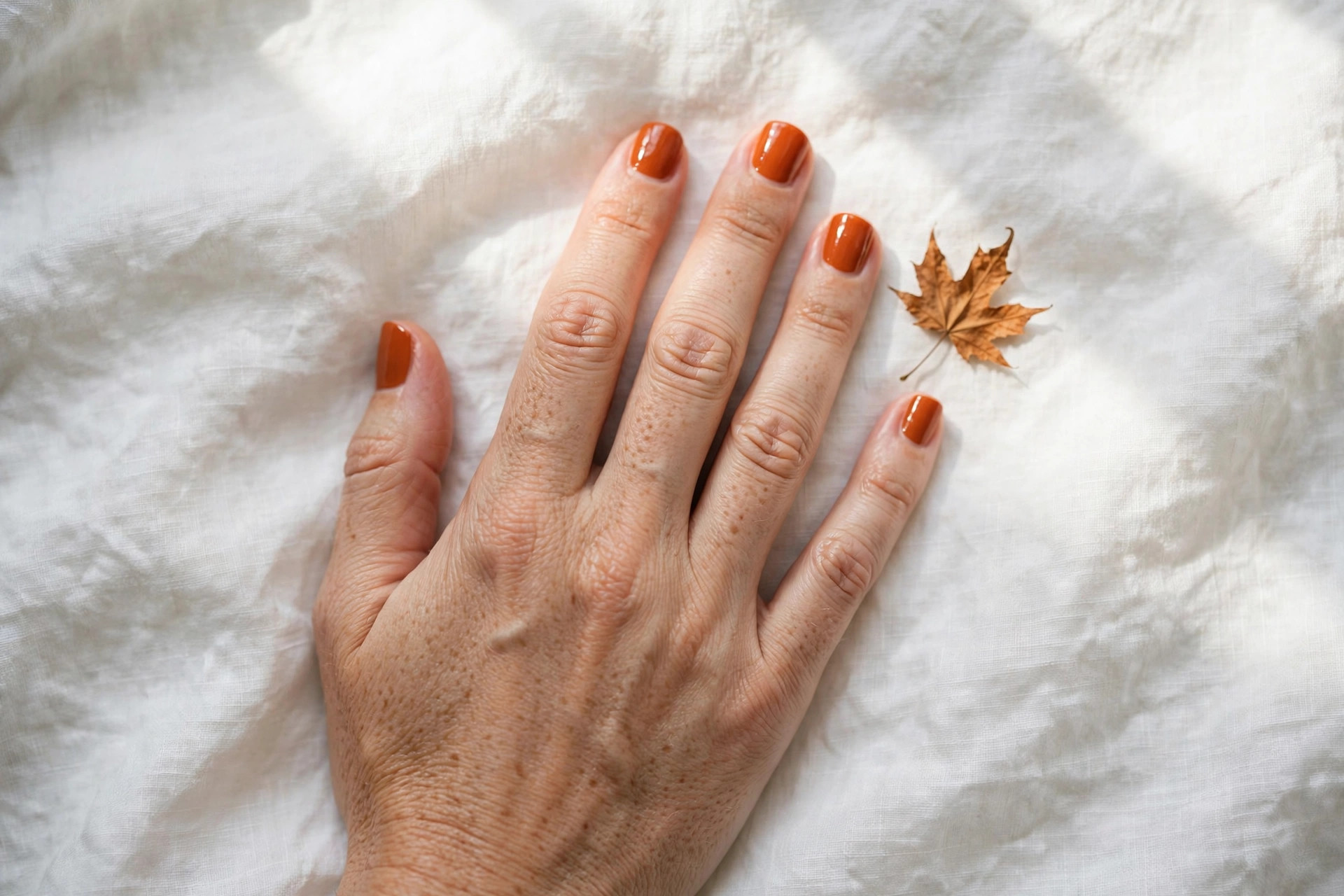 Burnt orange glossy manicure on short square nails, overhead view on white linen with a dried maple leaf