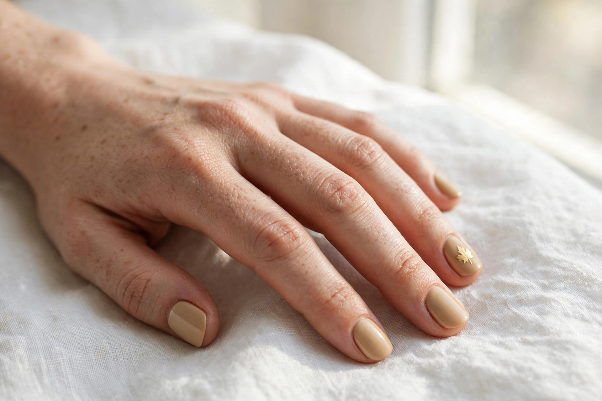 Beige manicure with tiny gold maple leaf accent on short oval nails