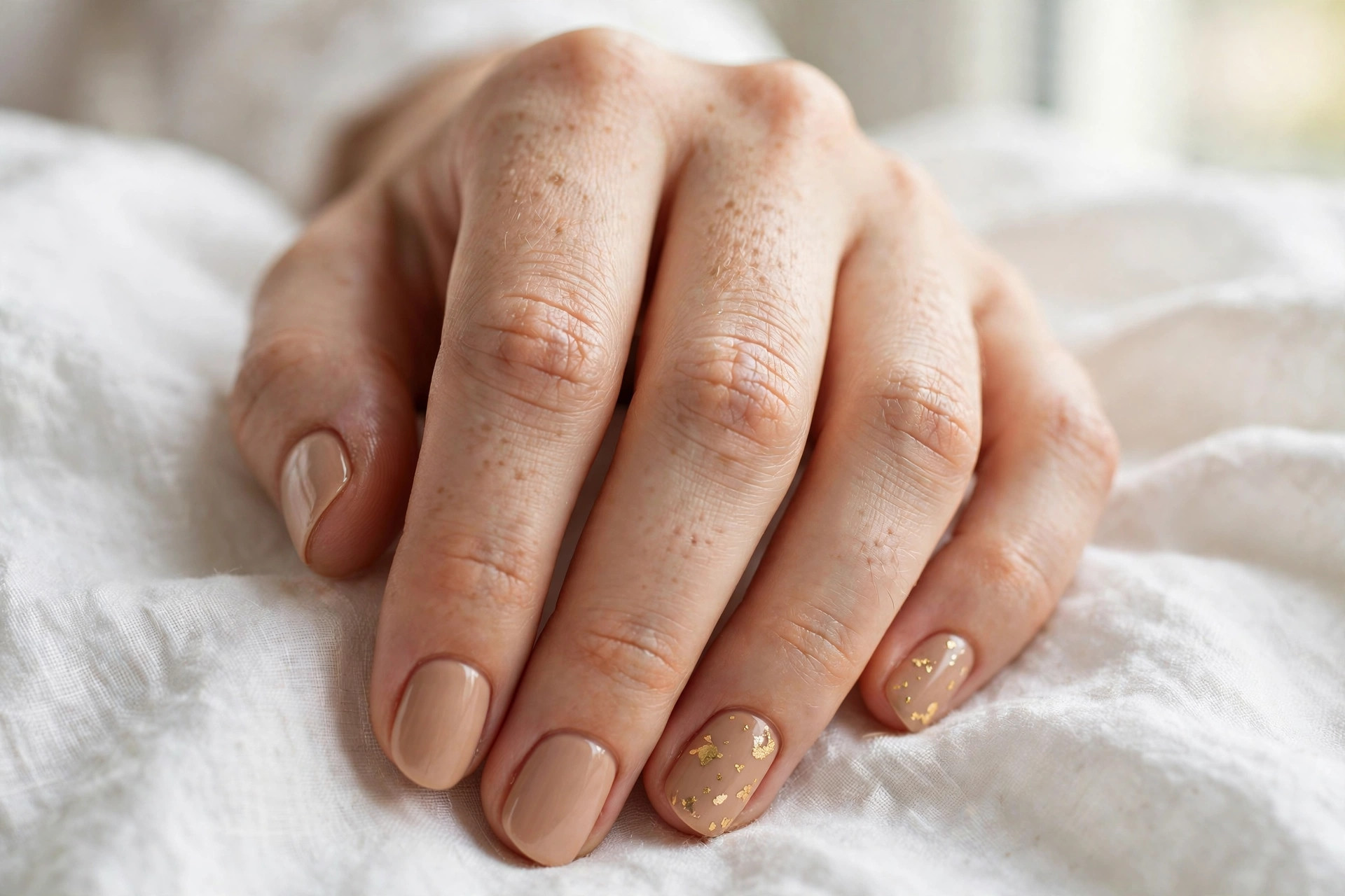 Warm nude nails with gold foil flakes on short round nails