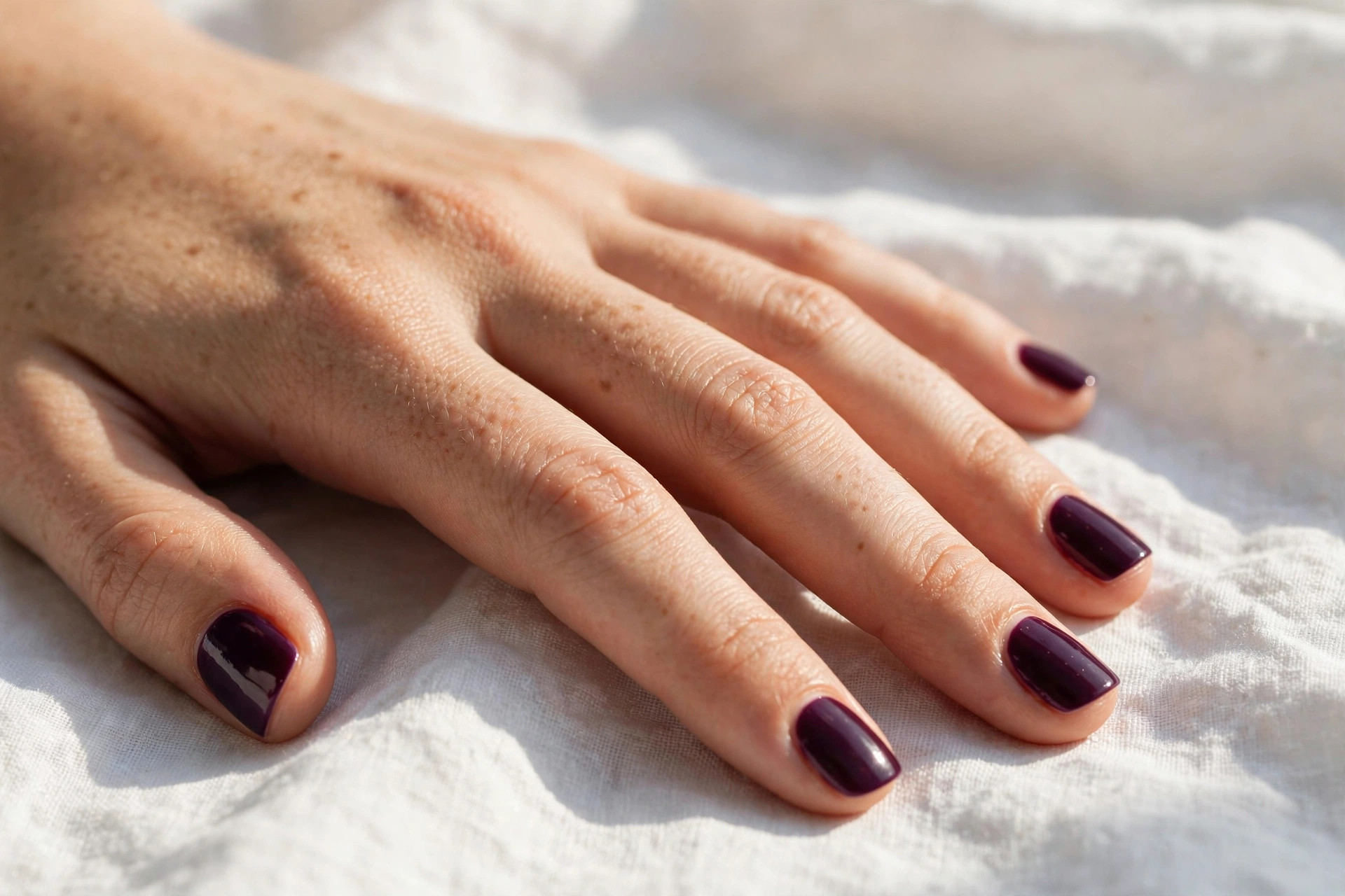 Deep plum glossy manicure on short square nails, fingers fanned on white linen