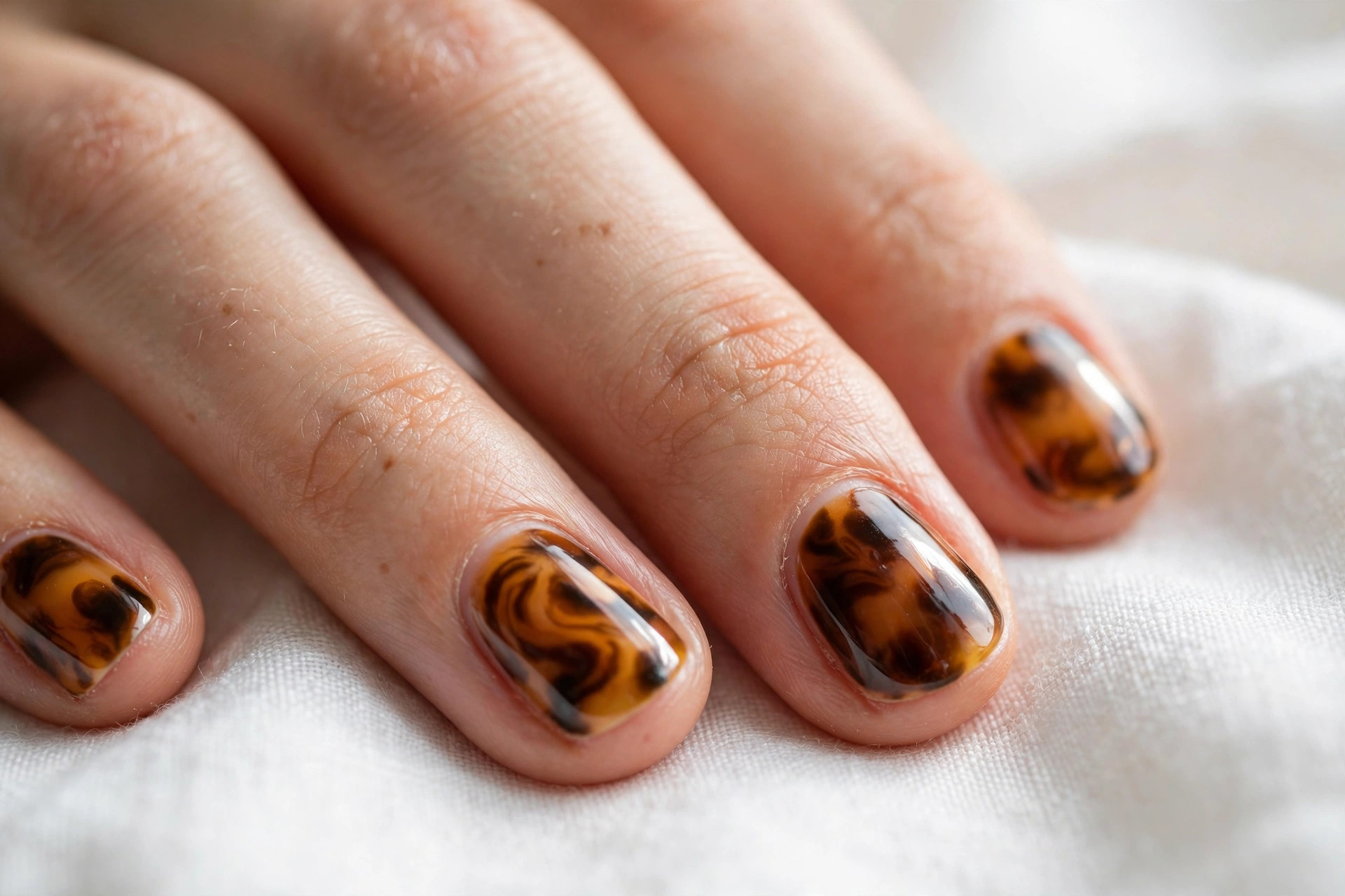 Tortoiseshell nail art in amber and brown on short round nails, macro close-up