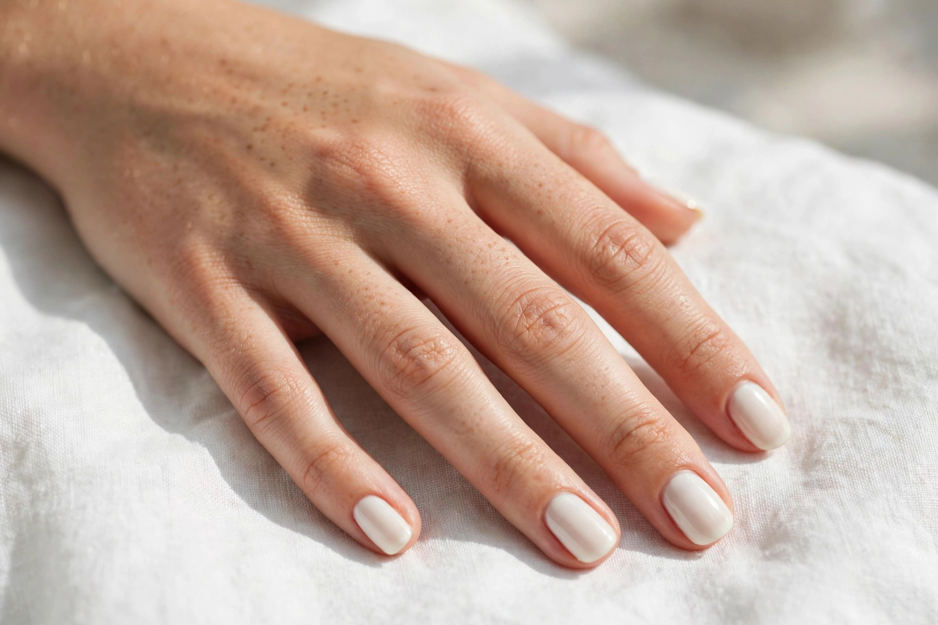 Creamy warm white manicure on short almond nails, palm down on white linen