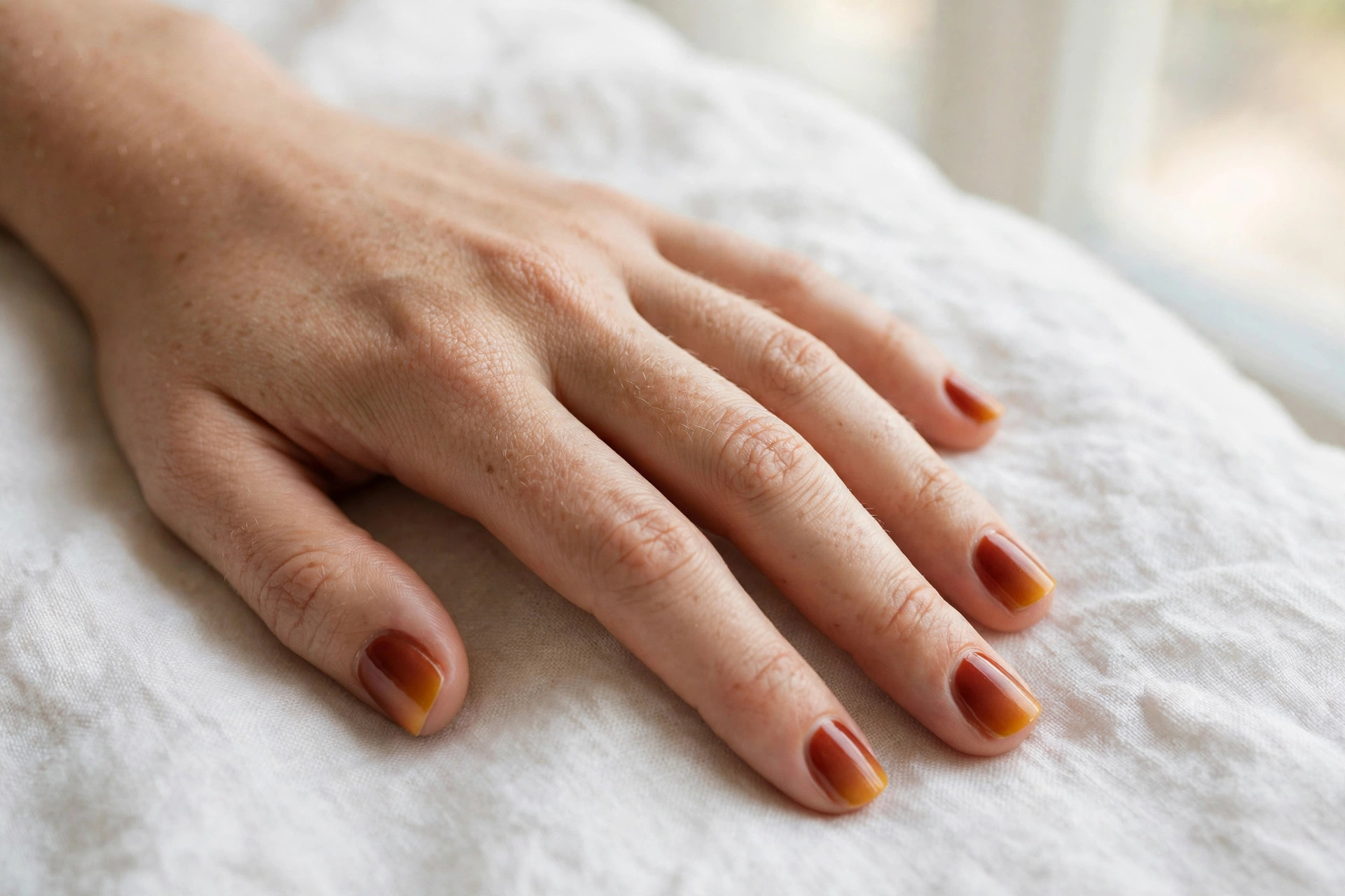 Rust ombre gradient nails from terracotta to amber on short square nails