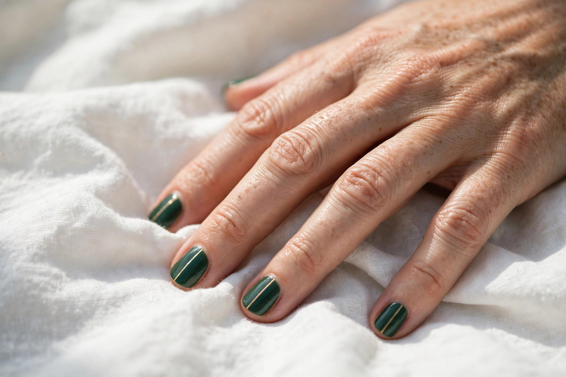 Deep forest green nails with thin gold center lines on short oval nails