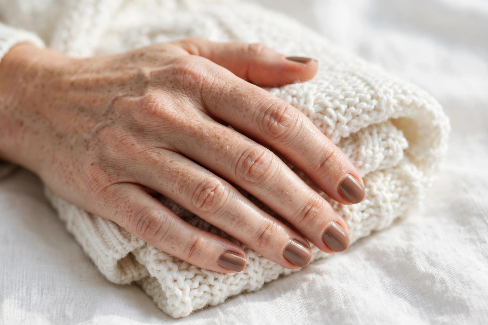 Cozy warm taupe manicure on short round nails, hand near a white knit sweater sleeve