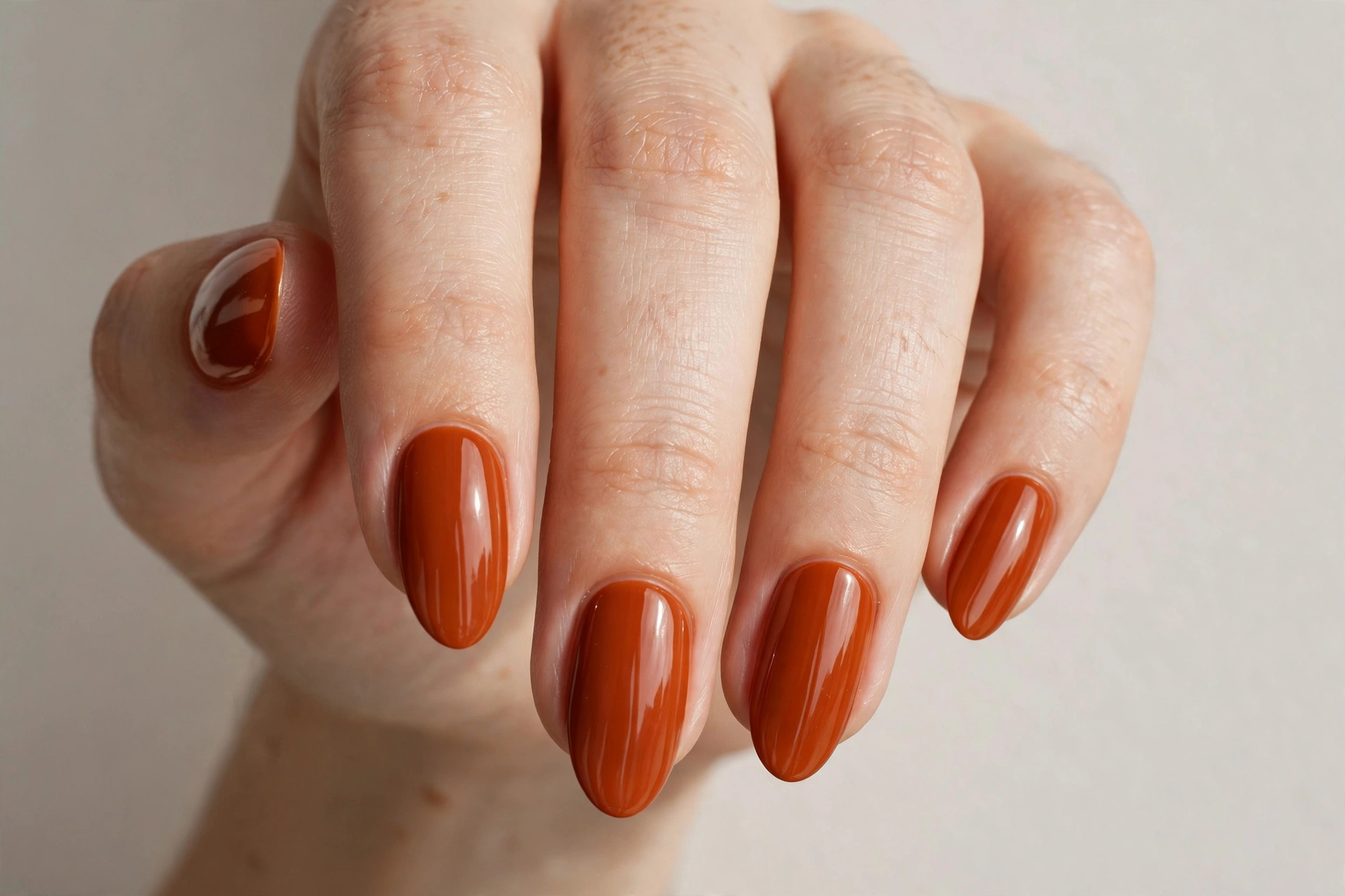 Close-up of burnt orange glossy manicure on almond-shaped nails
