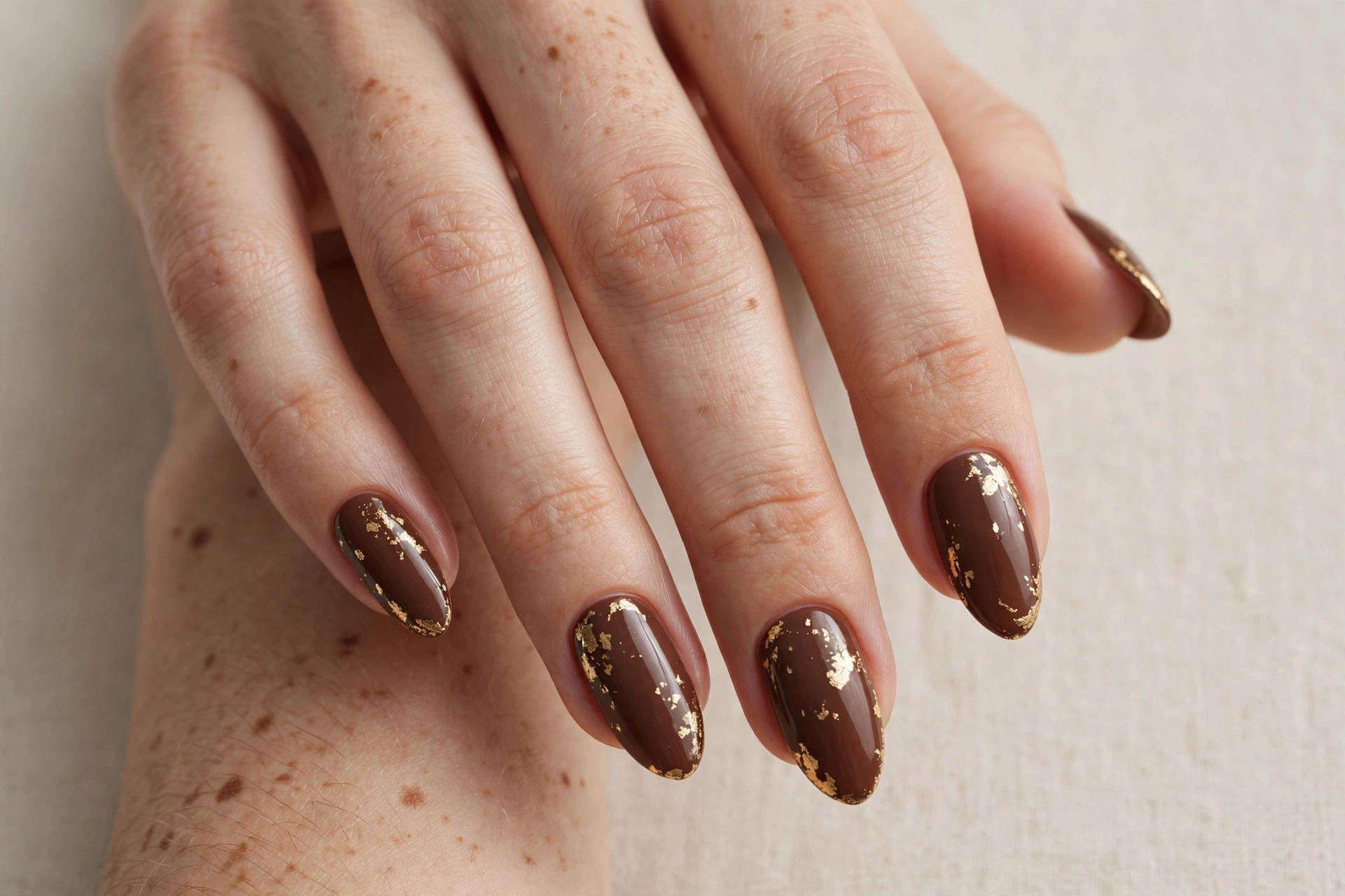 Chocolate brown manicure with delicate gold foil accents