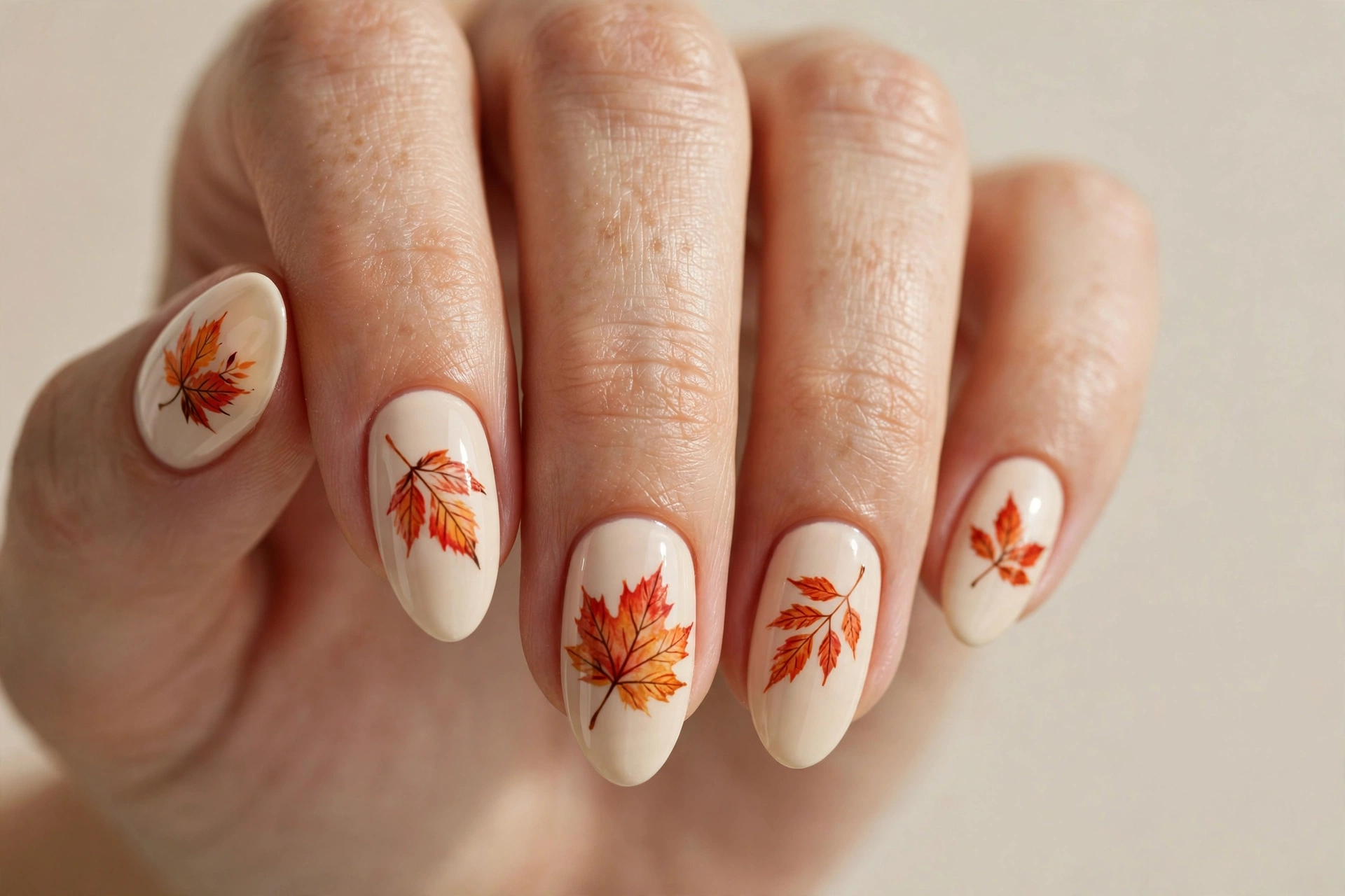 Cream manicure with hand-painted autumn leaf nail art in orange and red