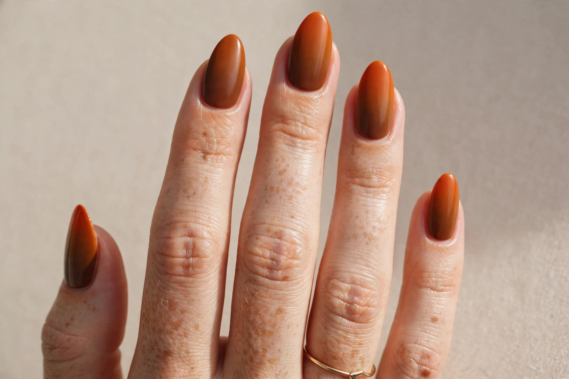 Pumpkin spice ombré nails blending burnt orange into warm brown