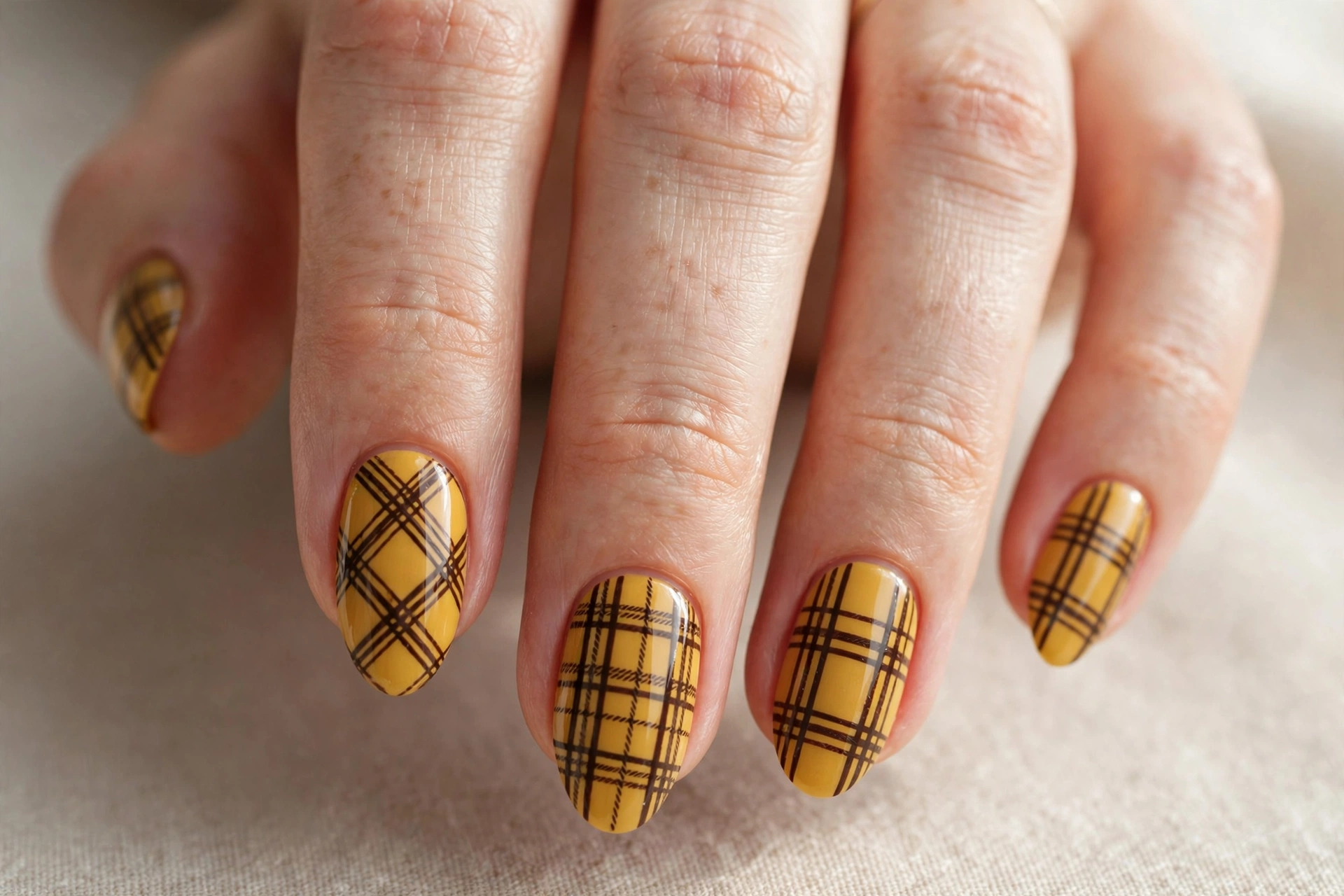 Mustard yellow nails with dark brown plaid pattern nail art