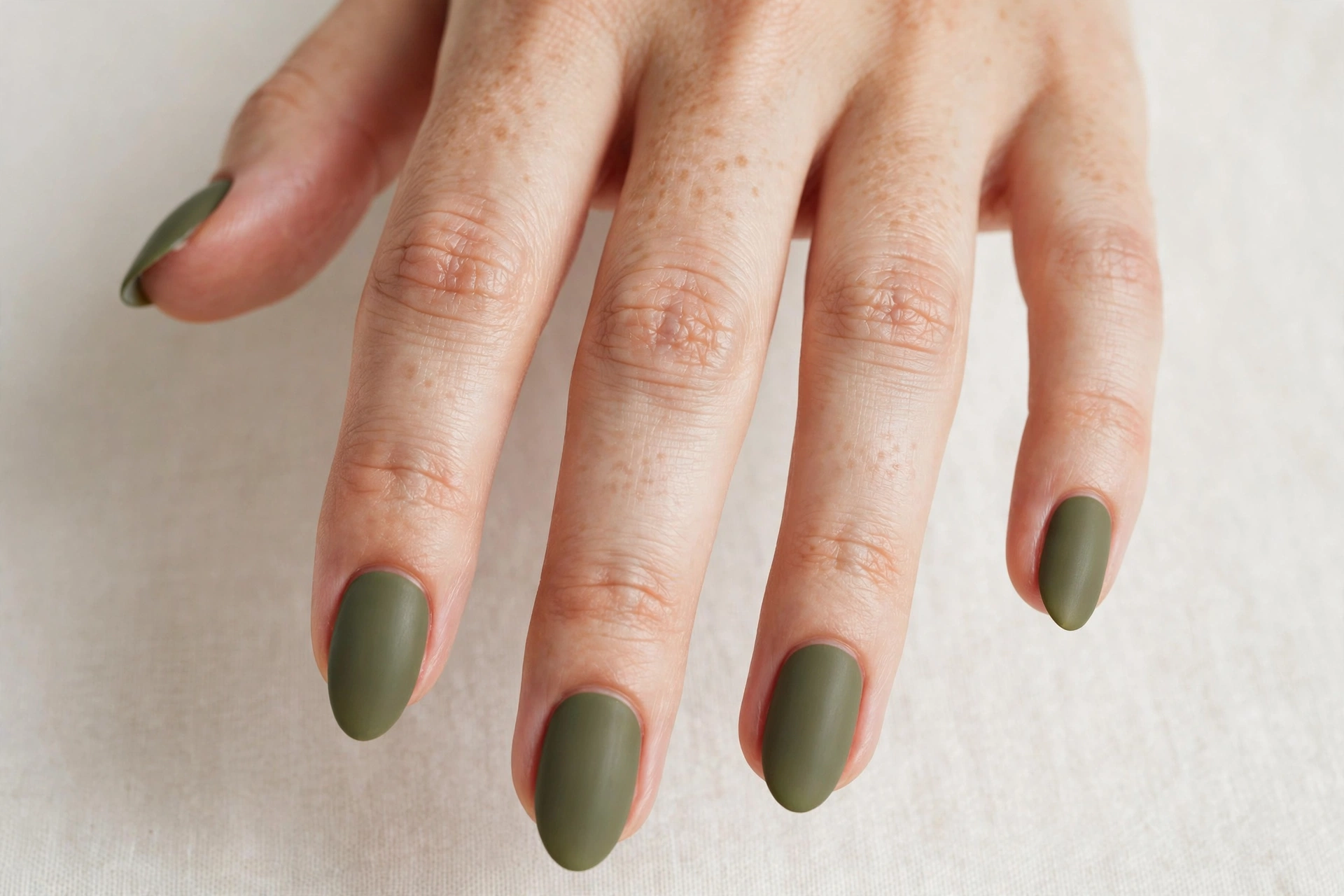 Olive green matte manicure on almond nails