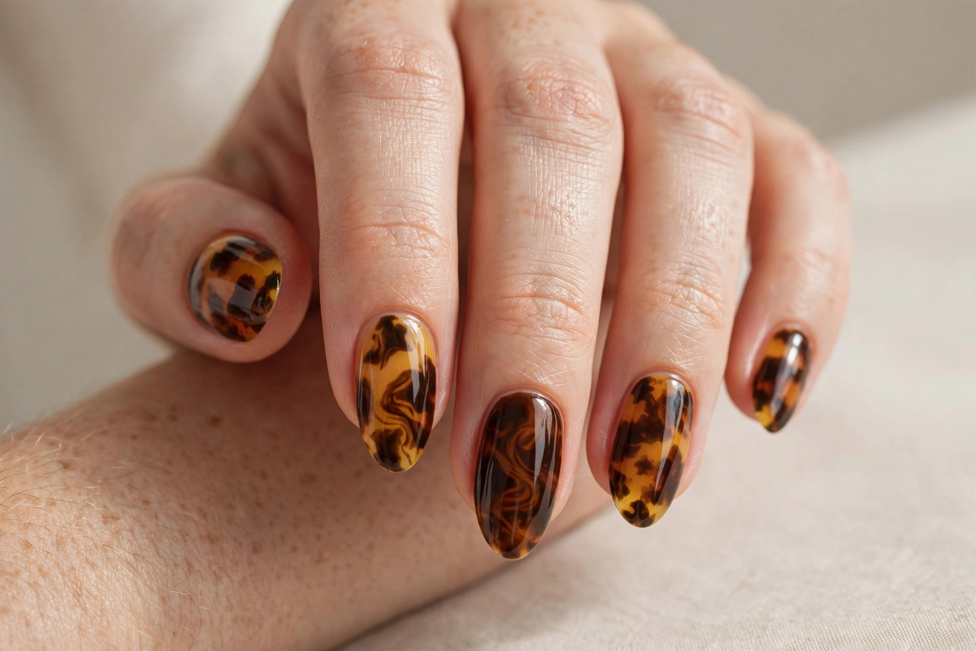 Tortoiseshell pattern manicure in amber and dark brown