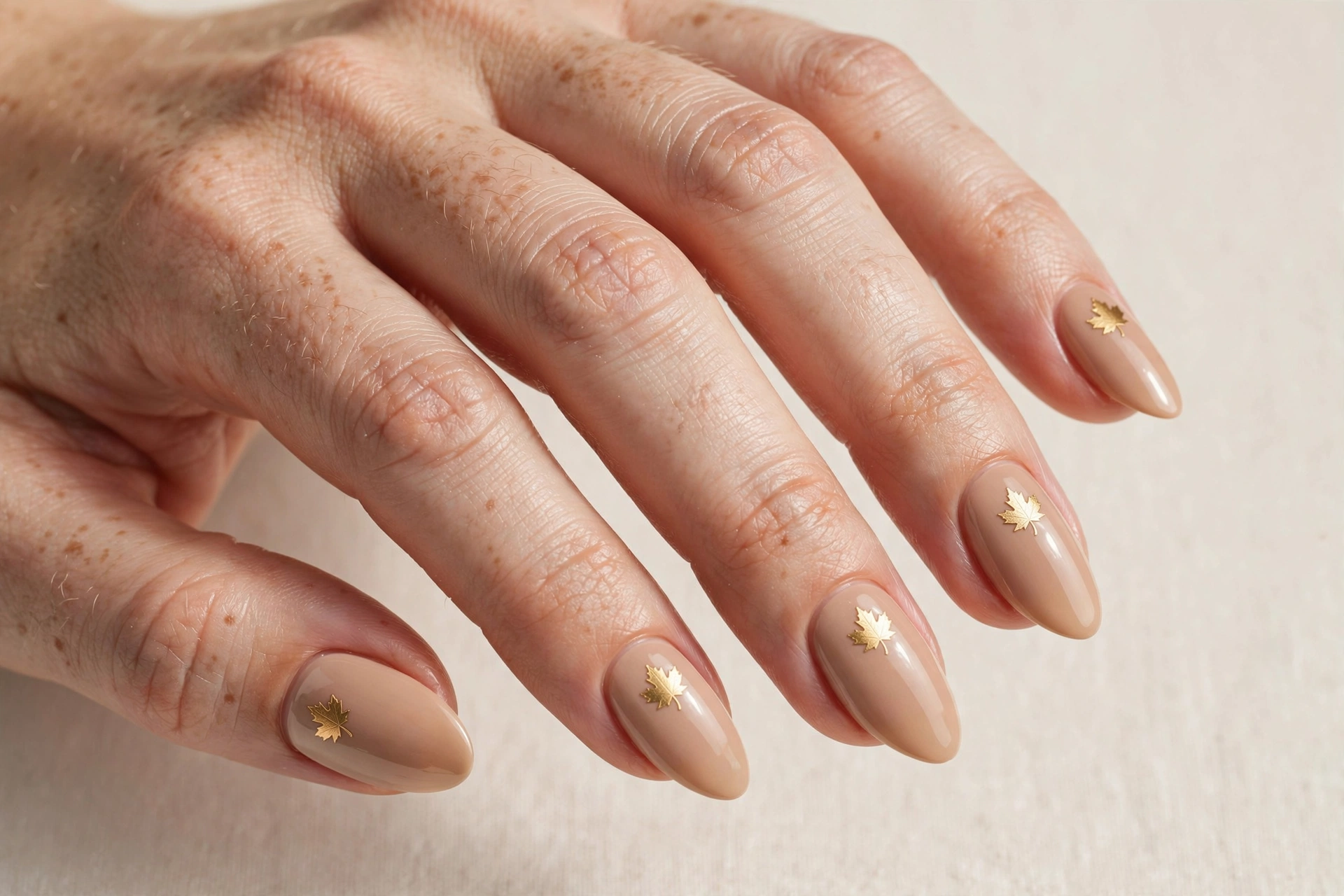 Warm nude nails with small golden maple leaf nail art decals