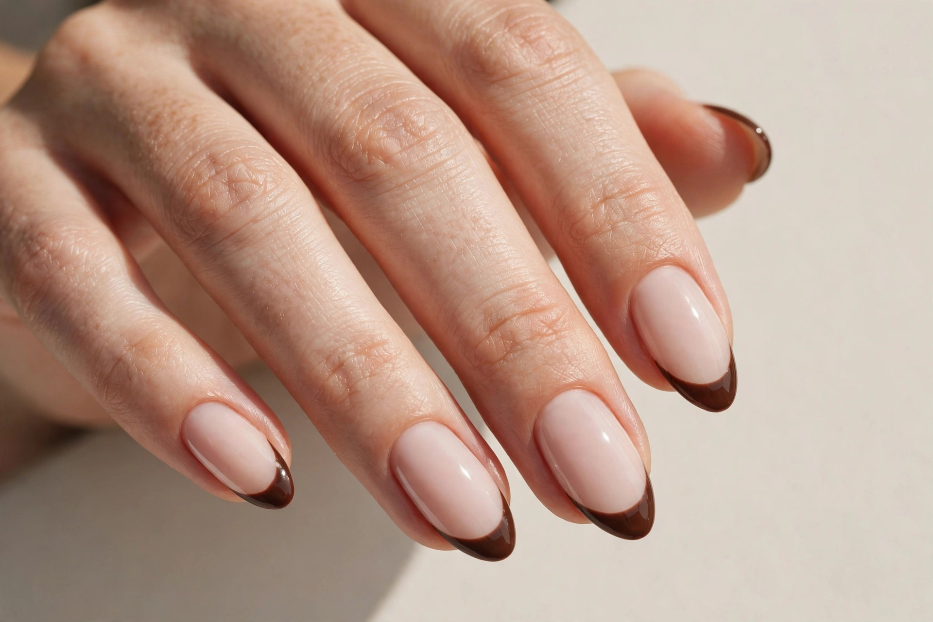 Espresso brown French tip manicure on a milky nude base