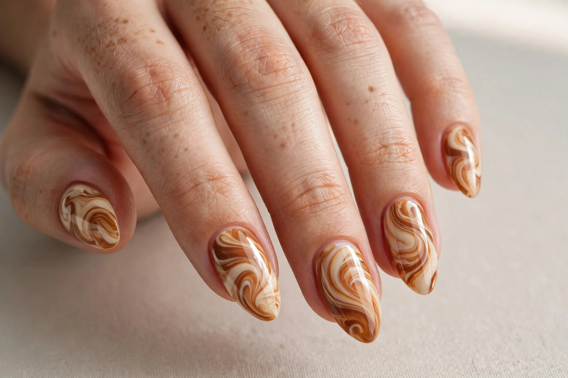 Caramel swirl nail art in caramel brown and cream tones