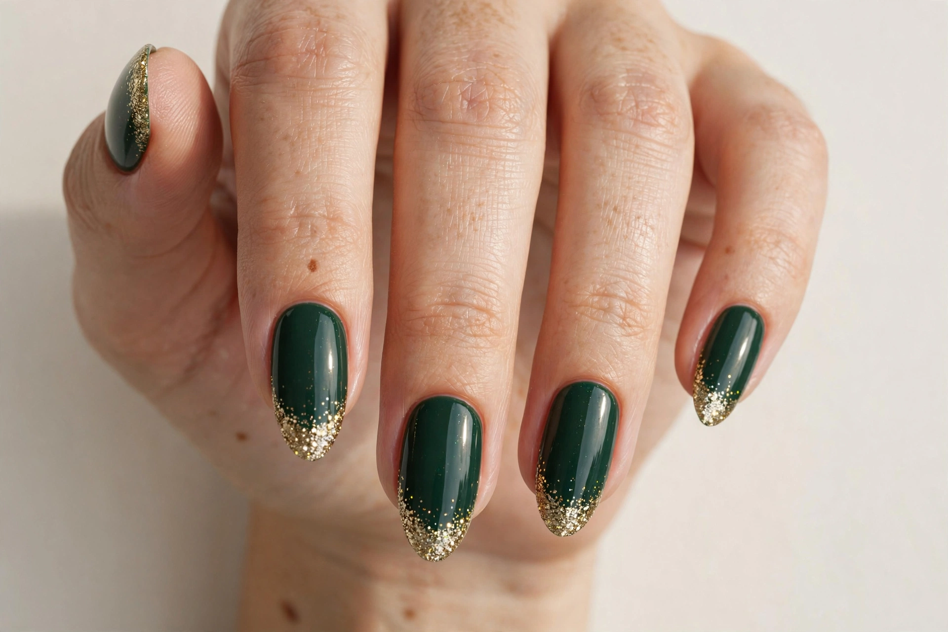 Deep forest green manicure with shimmering gold glitter tips