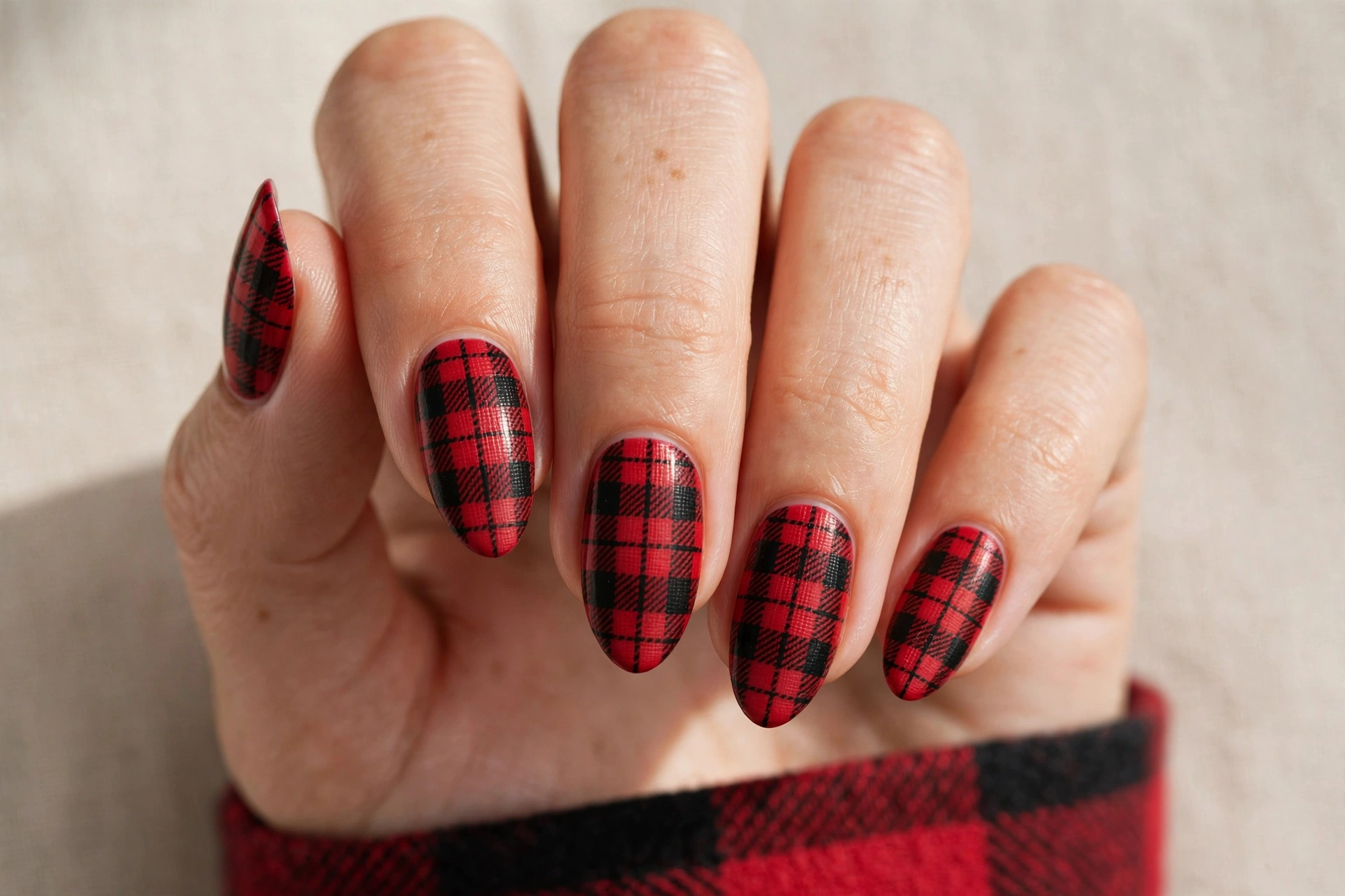 Red and black flannel plaid pattern nail art
